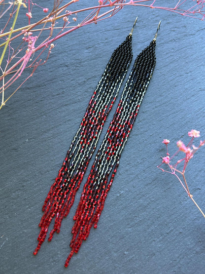 Handmade long beaded earrings in black, gray, and red ombre with flowing fringe. Boho statement jewelry, unique gift for lovers of artisan style image 5