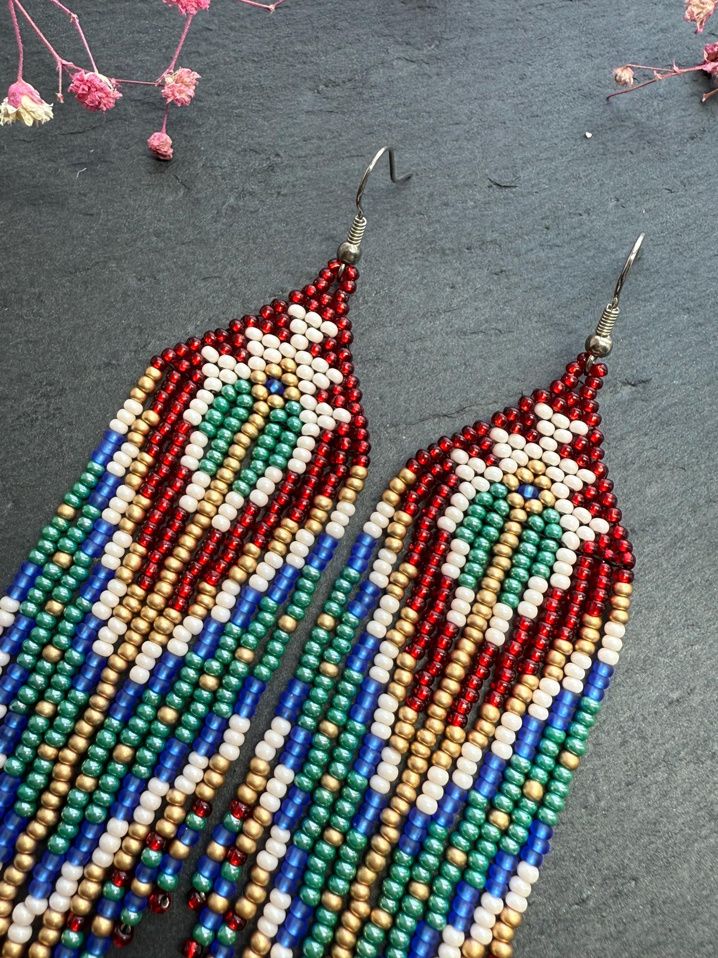 Unique handmade long beaded boho earrings in red, green, copper, blue, and beige. Native American statement earrings for women, unique gift for her image 4
