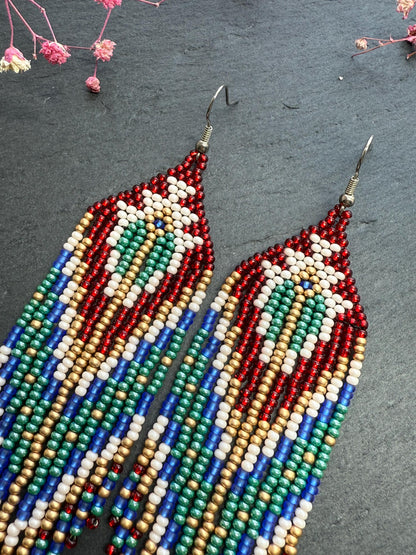 Unique handmade long beaded boho earrings in red, green, copper, blue, and beige. Native American statement earrings for women, unique gift for her image 4