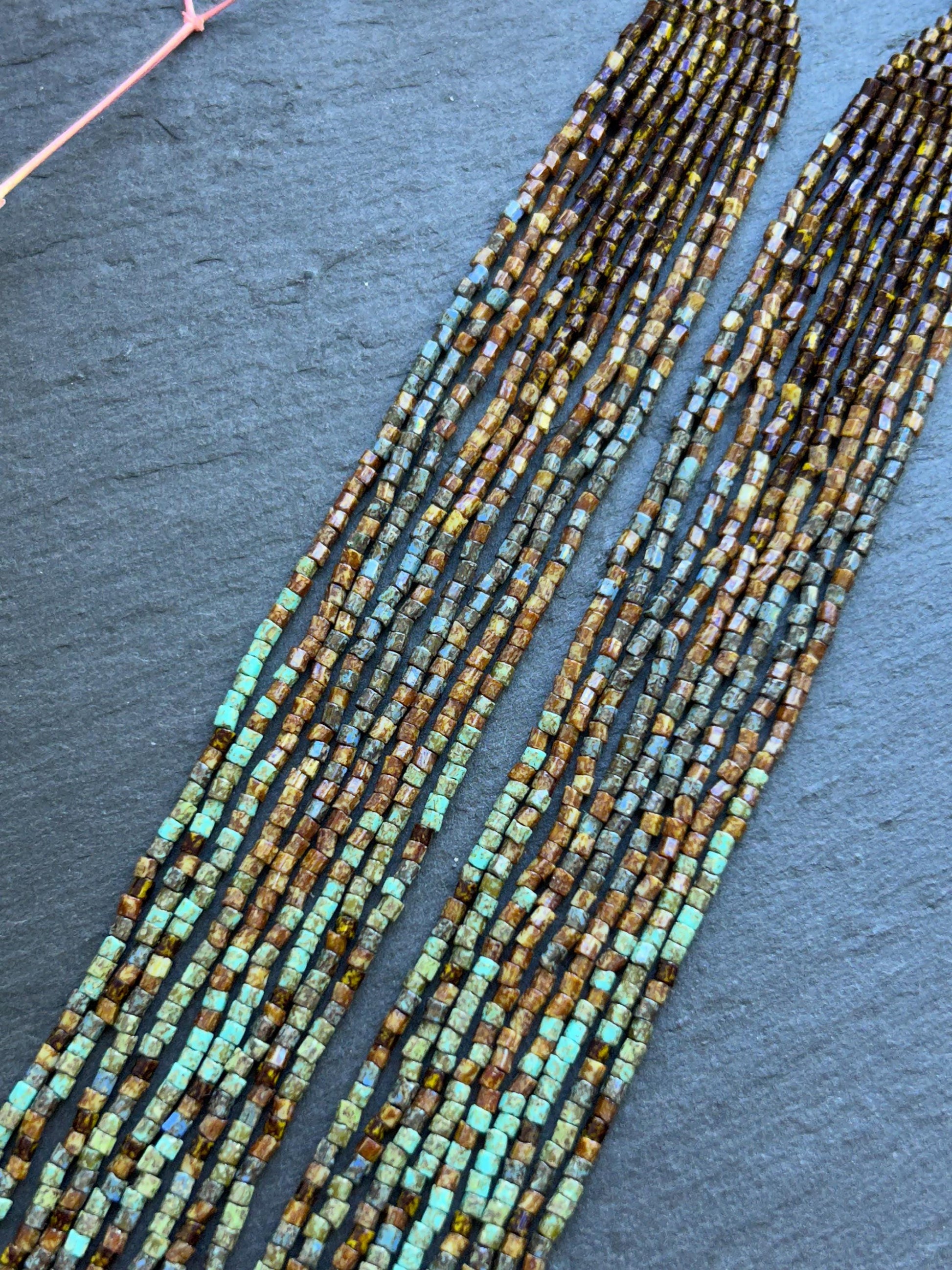 Handmade long green and turquoise beaded boho earrings with flowing fringe image 5