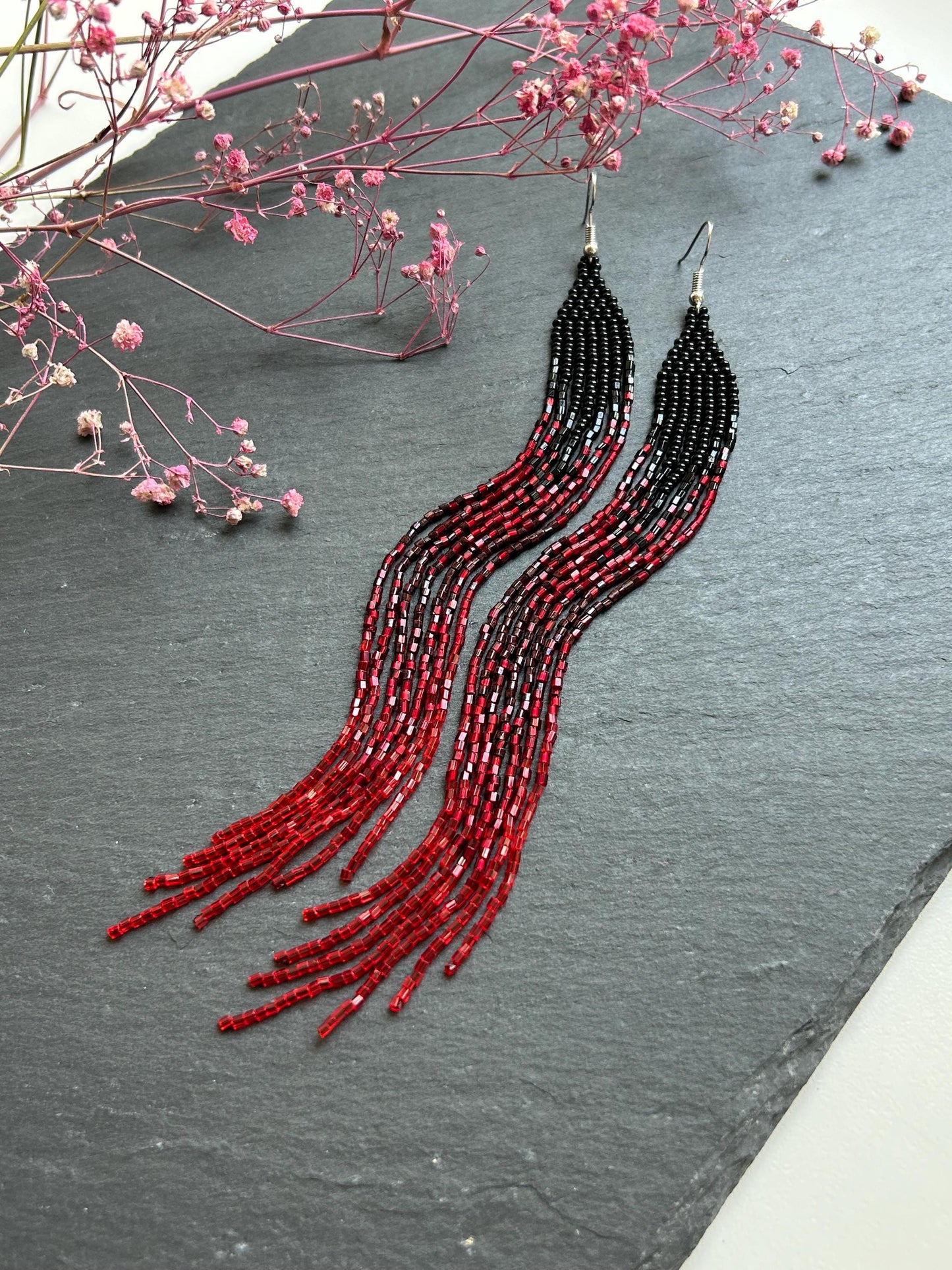Long handmade black and red ombre beaded earrings with flowing fringe. Boho statement jewelry, unique artisanal accessory for bold everyday or evening style image 1