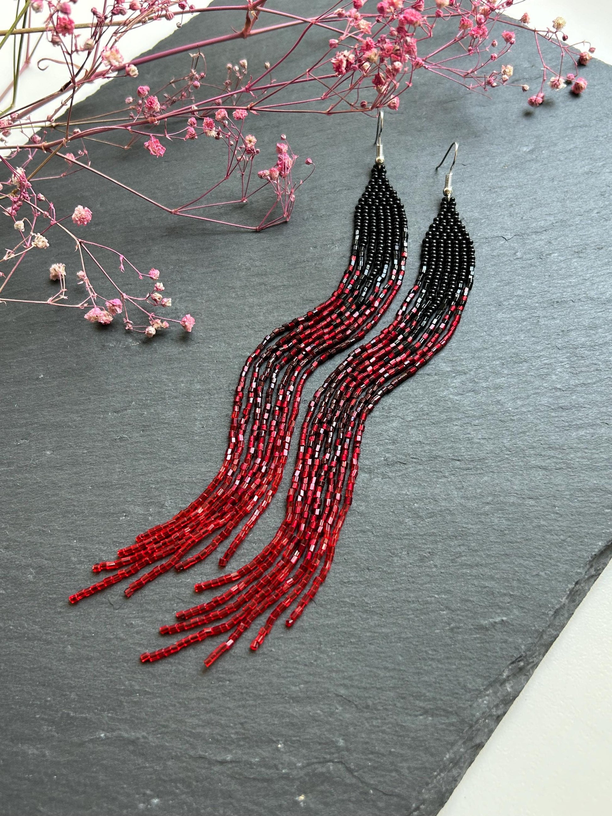 Long handmade black and red ombre beaded earrings with flowing fringe. Boho statement jewelry, unique artisanal accessory for bold everyday or evening style image 1