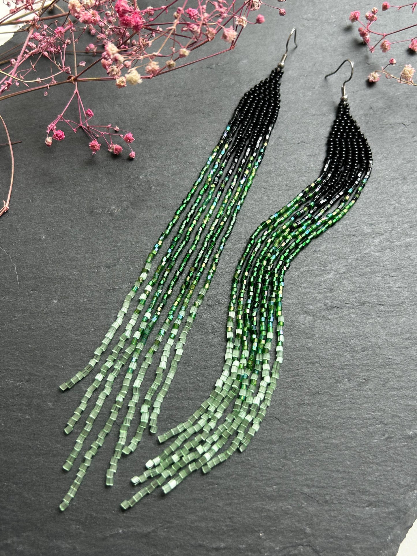 Handmade long black and green beaded earrings with ombre effect and fringe. Unique boho statement earrings for women, vibrant, stylish, and perfect gift image 10