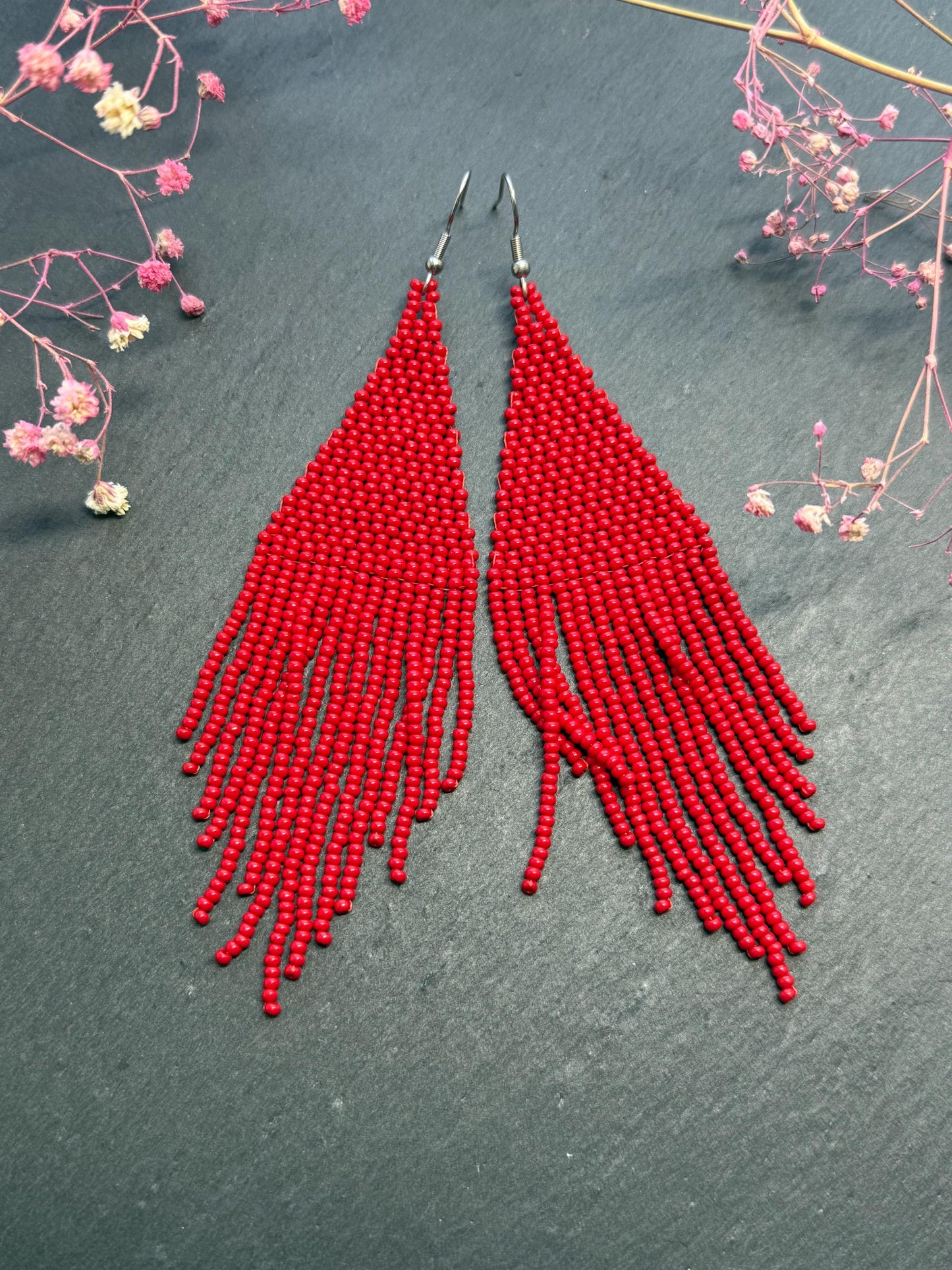 Unique handmade long red beaded dangle earrings with fringe in bright boho style. Modern statement jewelry for women, perfect gift for her imade 7