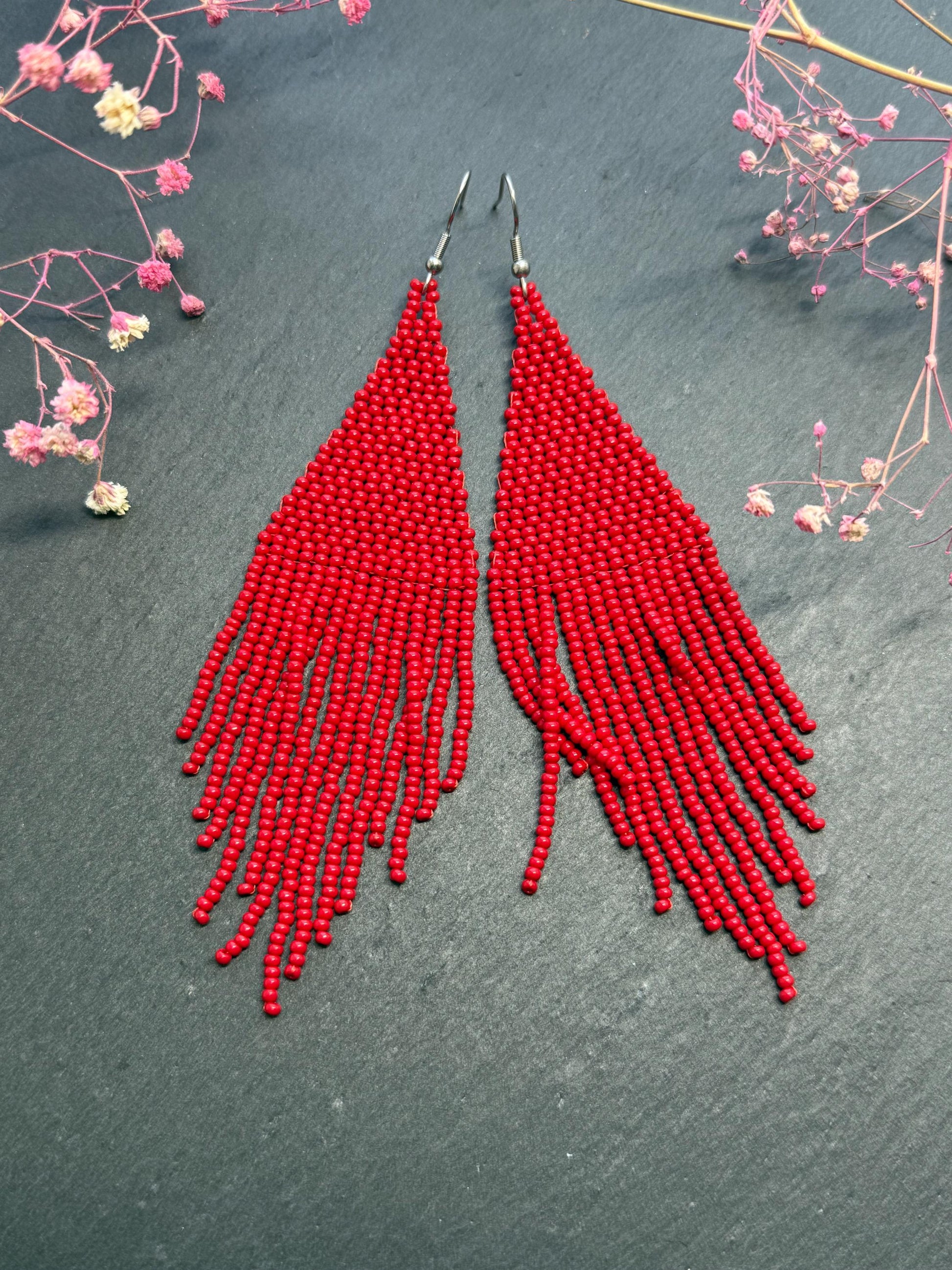 Unique handmade long red beaded dangle earrings with fringe in bright boho style. Modern statement jewelry for women, perfect gift for her imade 7