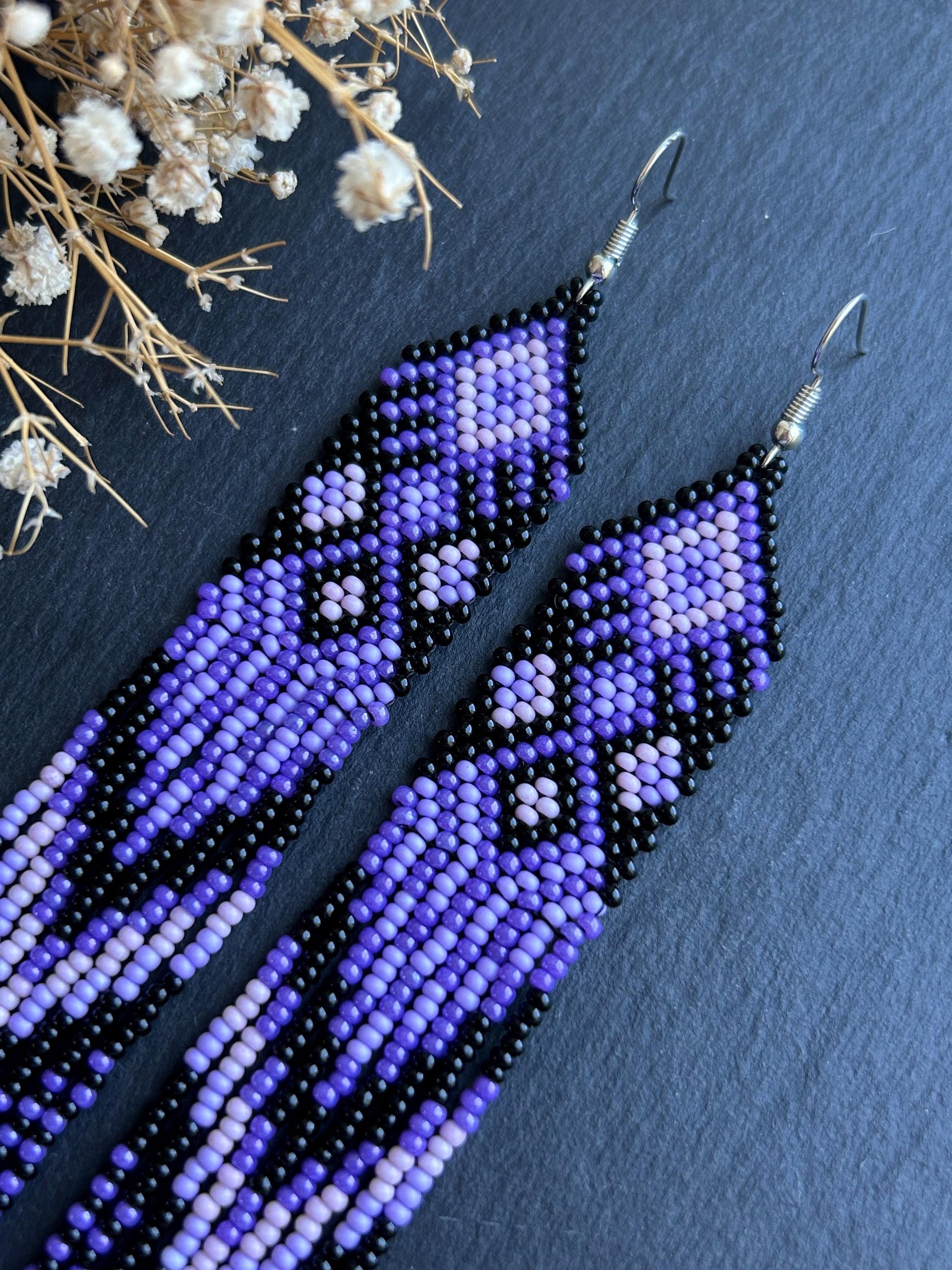 Handmade long black and purple native American beaded earrings with ethnic design and fringe. Cute statement earrings for women, unique gift for her image 3