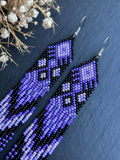 Handmade long black and purple native American beaded earrings with ethnic design and fringe. Cute statement earrings for women, unique gift for her image 3