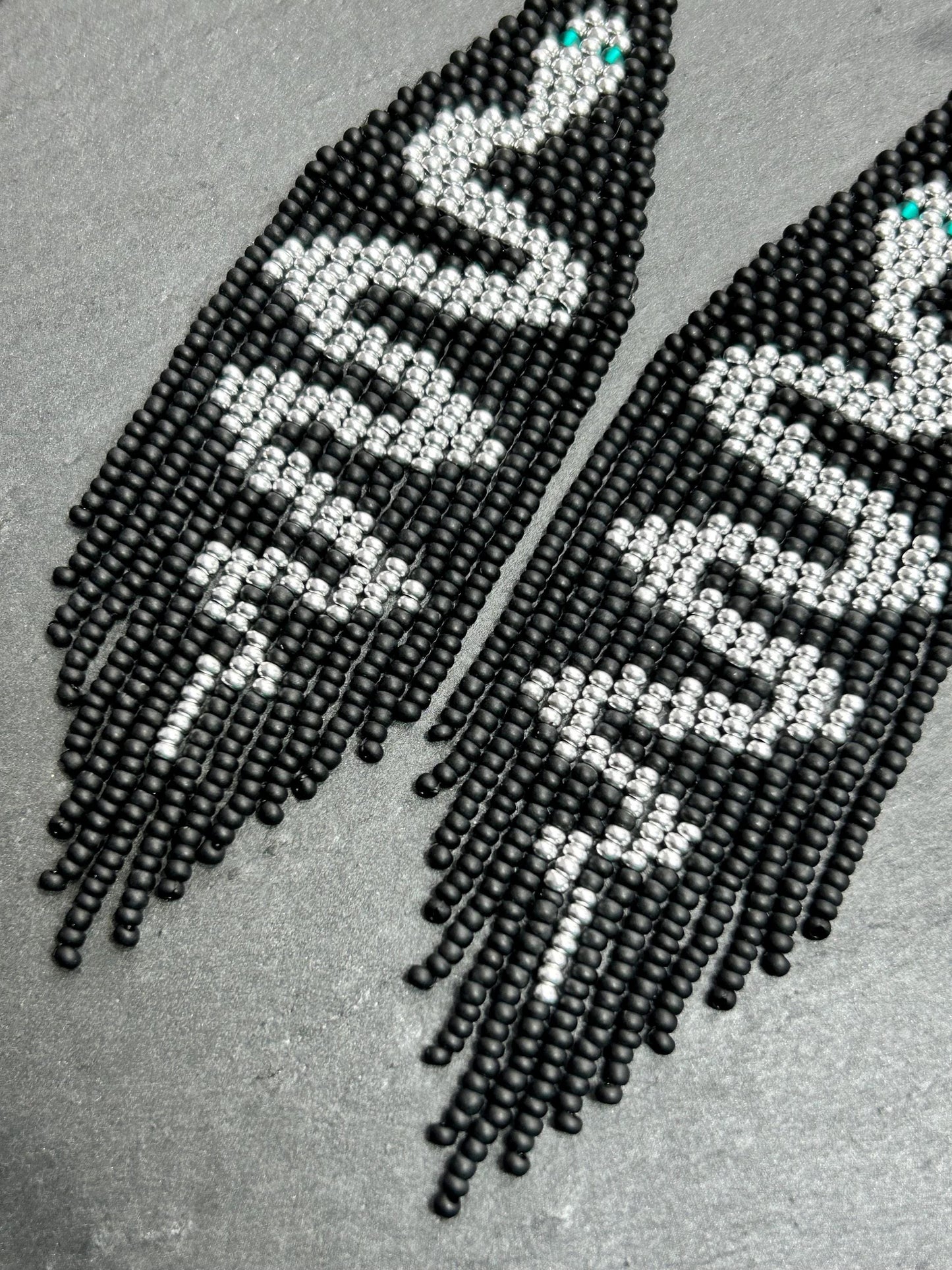 Handmade long black beaded earrings with silver snake design and boho fringe. Unique statement jewelry, elegant contrast, perfect gift for lovers of artisan style image 4