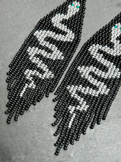 Handmade long black beaded earrings with silver snake design and boho fringe. Unique statement jewelry, elegant contrast, perfect gift for lovers of artisan style image 4