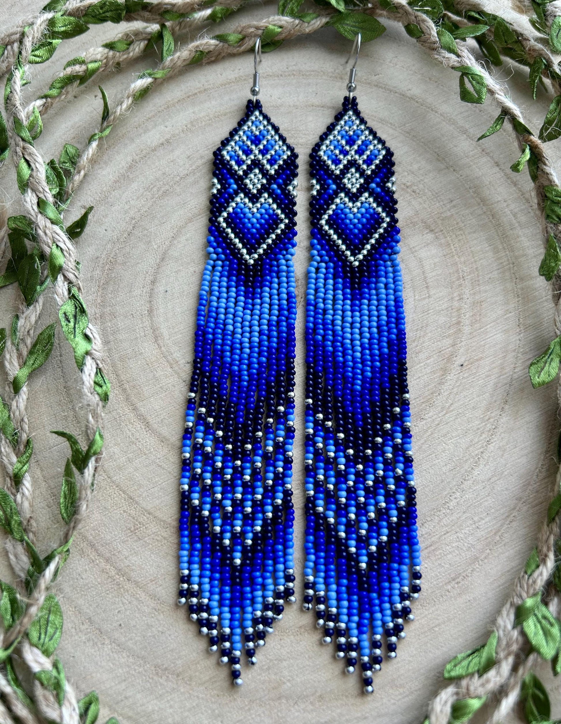 Handmade long blue beaded boho earrings with fringe and silver accents. Native style statement jewelry, unique artisanal accessory for bold style image 10