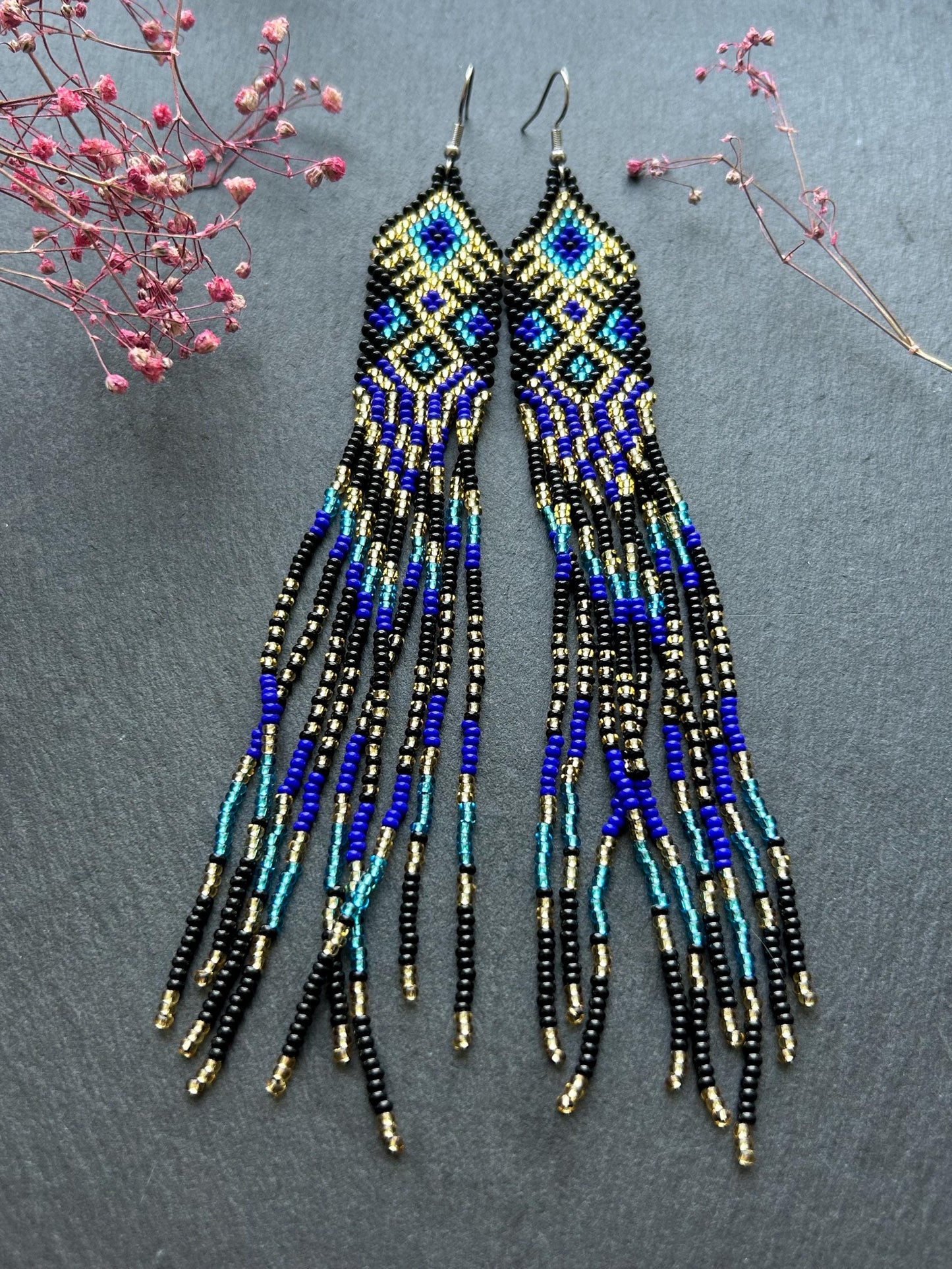 Handmade long black, blue, and gold beaded earrings with Native American ethnic design and fringe. Unique statement boho earrings for women image 8