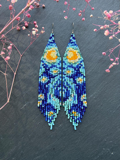 Long handmade “Starry Night” earrings with blue, yellow, and turquoise beads. Unique Boho statement jewelry inspired by Van Gogh, perfect for creative and artistic style image 1