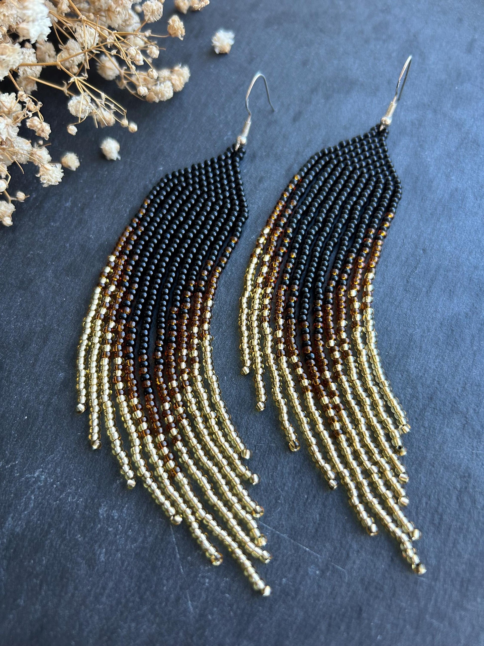 Handmade black beaded earrings with gold ombre and boho fringe. Unique statement jewelry with elegant shimmer, perfect gift for lovers of artisan style image 1