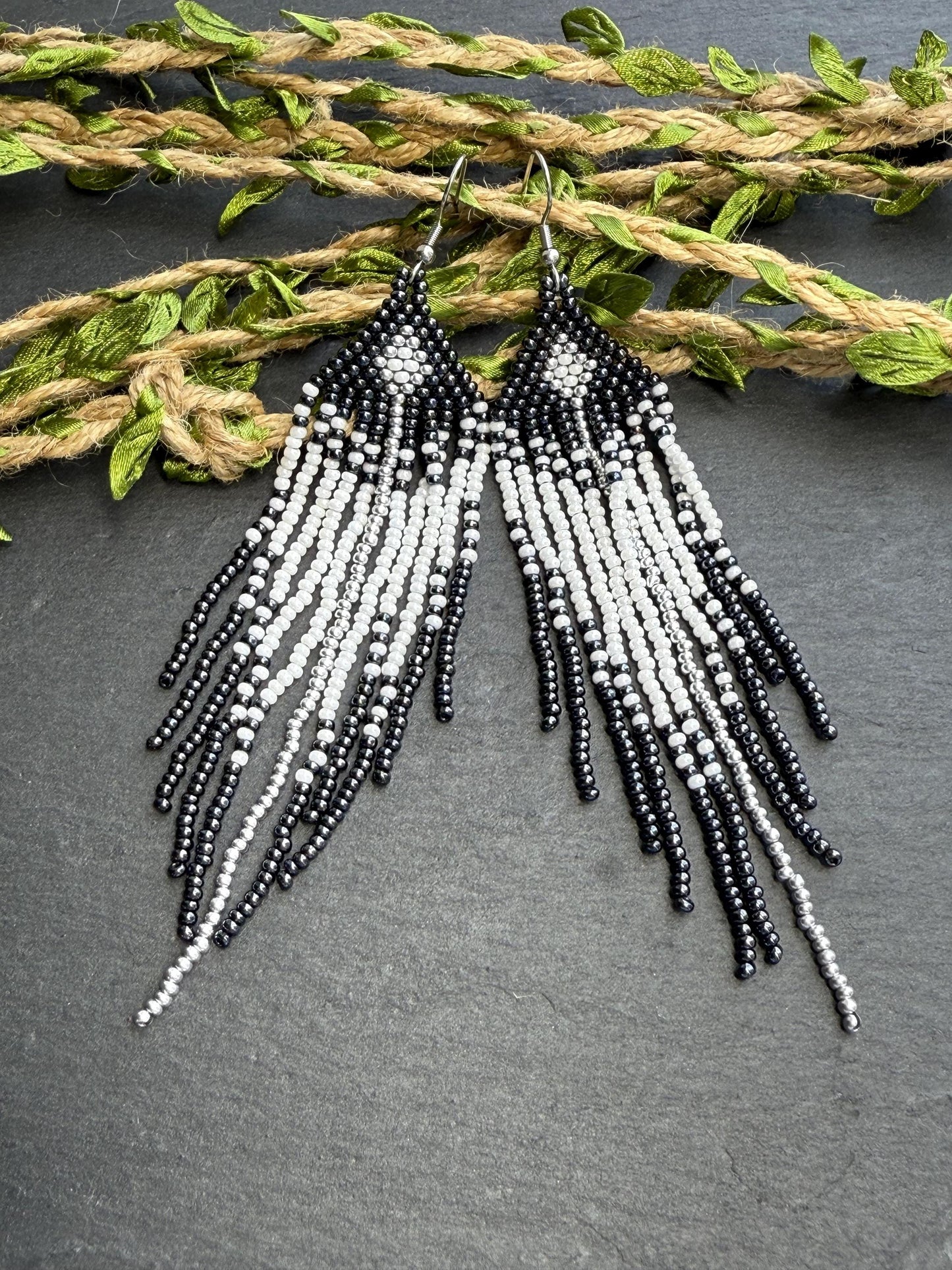Handmade long black and white beaded fringe earrings in Native American boho style. Statement earrings for women, unique beadwork ethnic design image 10