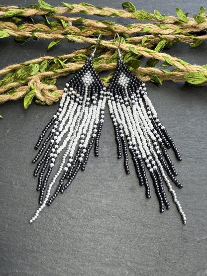 Handmade long black and white beaded fringe earrings in Native American boho style. Statement earrings for women, unique beadwork ethnic design image 10