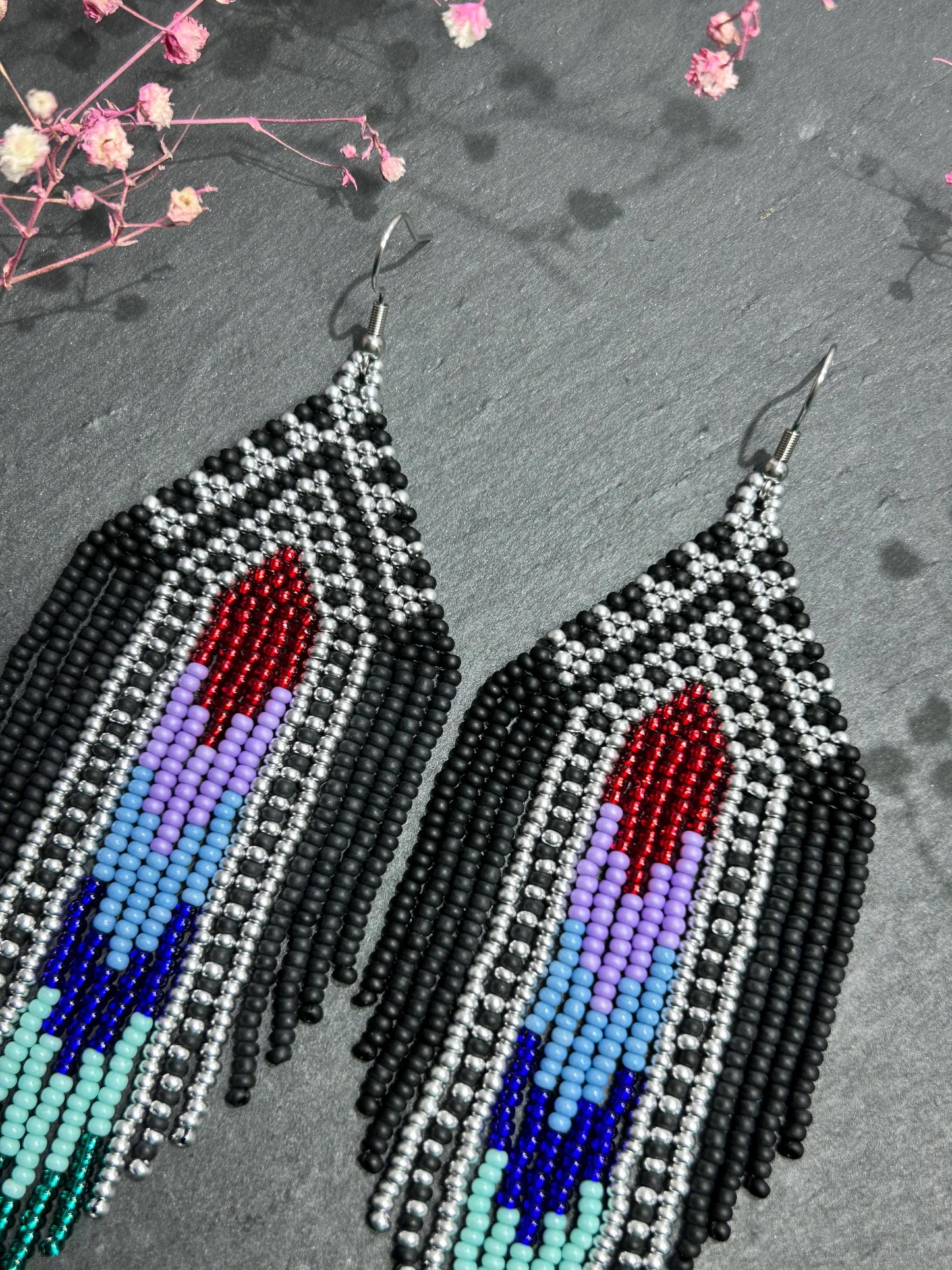 Handmade long black beaded earrings with silver, red, purple and green accents in Native American style. Bright statement boho fringe earrings, perfect gift for women image 3