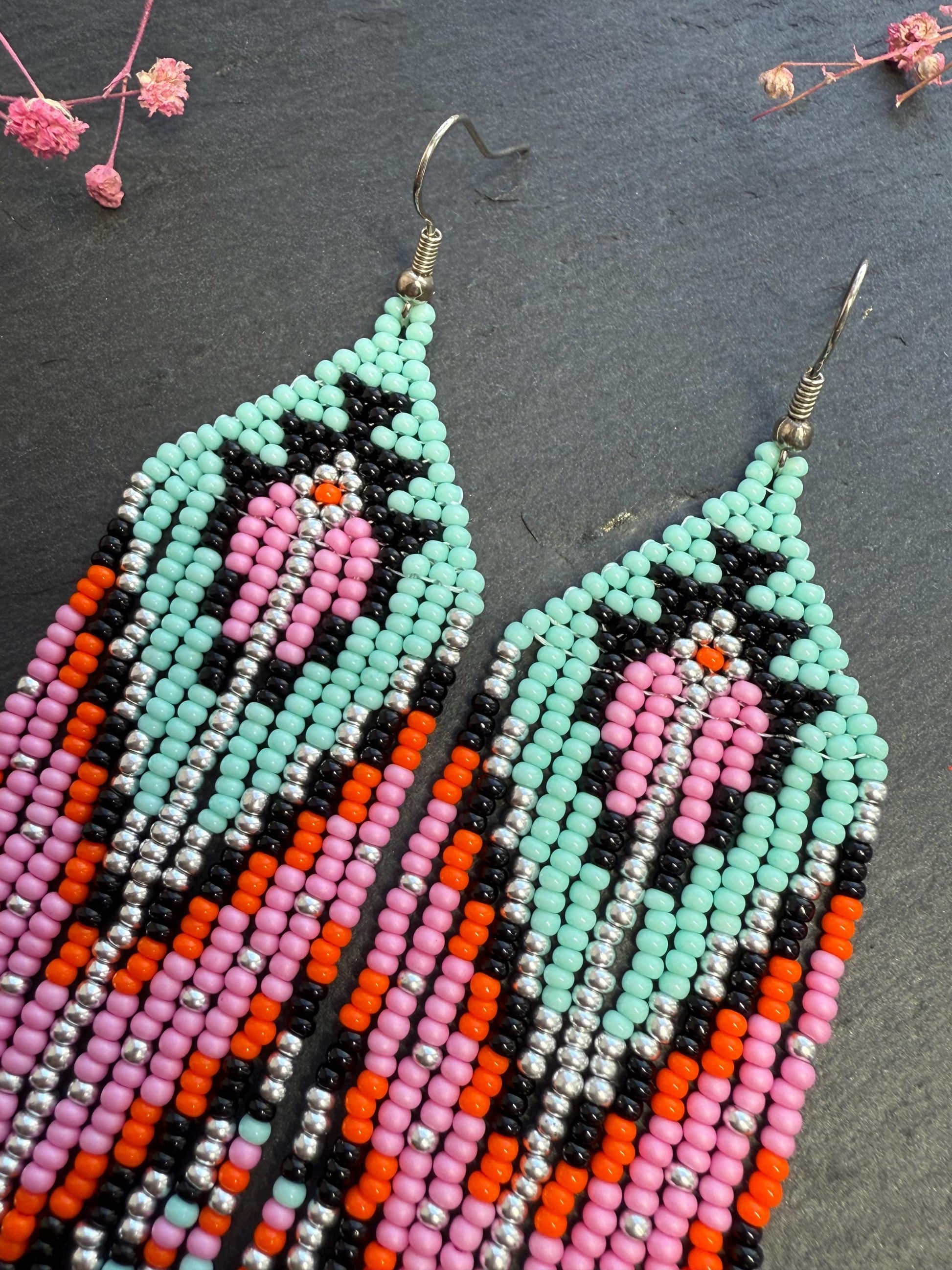 Handmade long beaded boho earrings in turquoise, black, silver, pink, and orange. Geometric design with elegant fringe, lightweight statement jewelry for any occasion  image 3