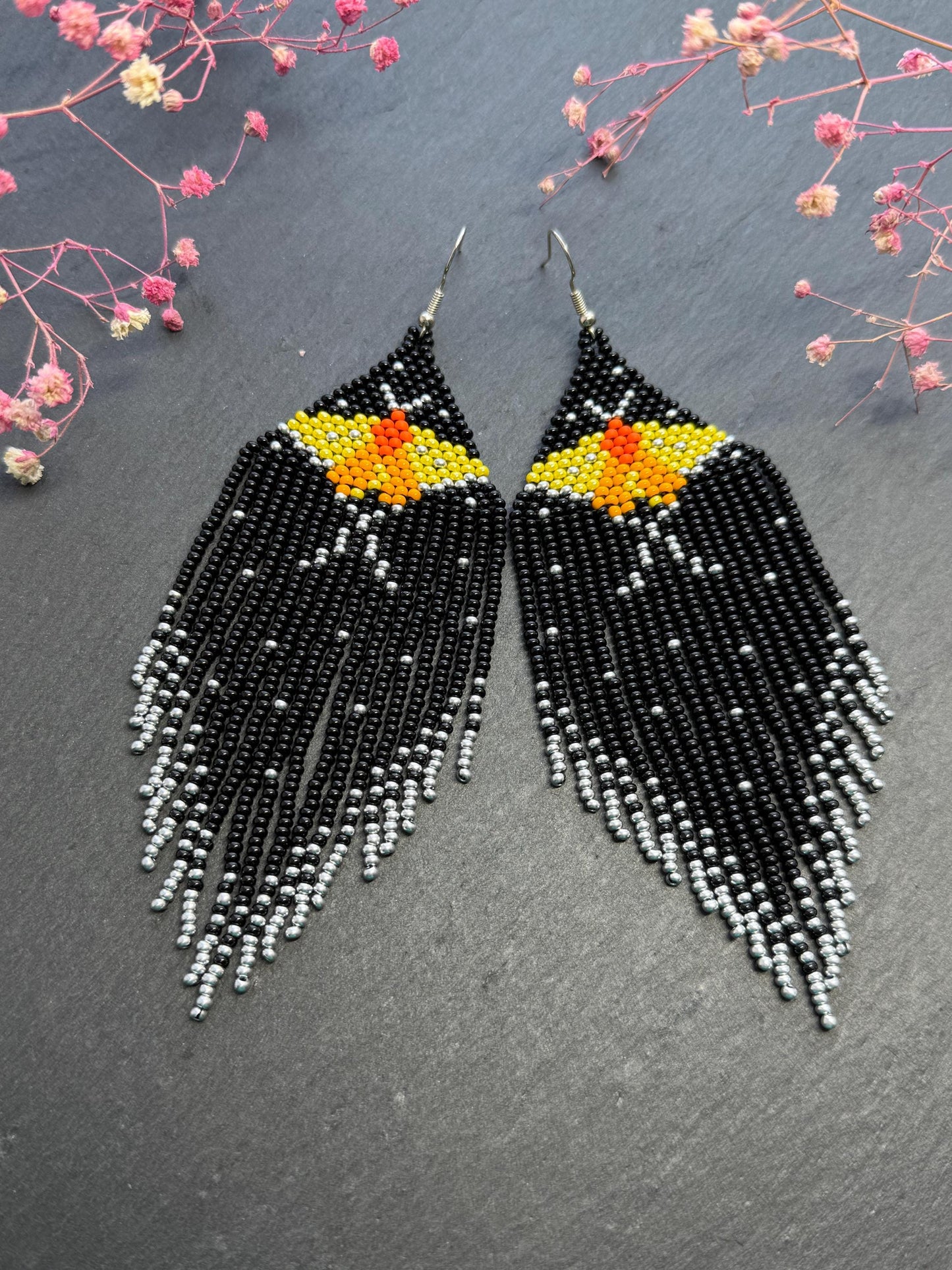 Handmade black and silver beaded butterfly earrings. Bright yellow butterfly, unique modern boho statement dangle earrings, jewelry gift for women image 7