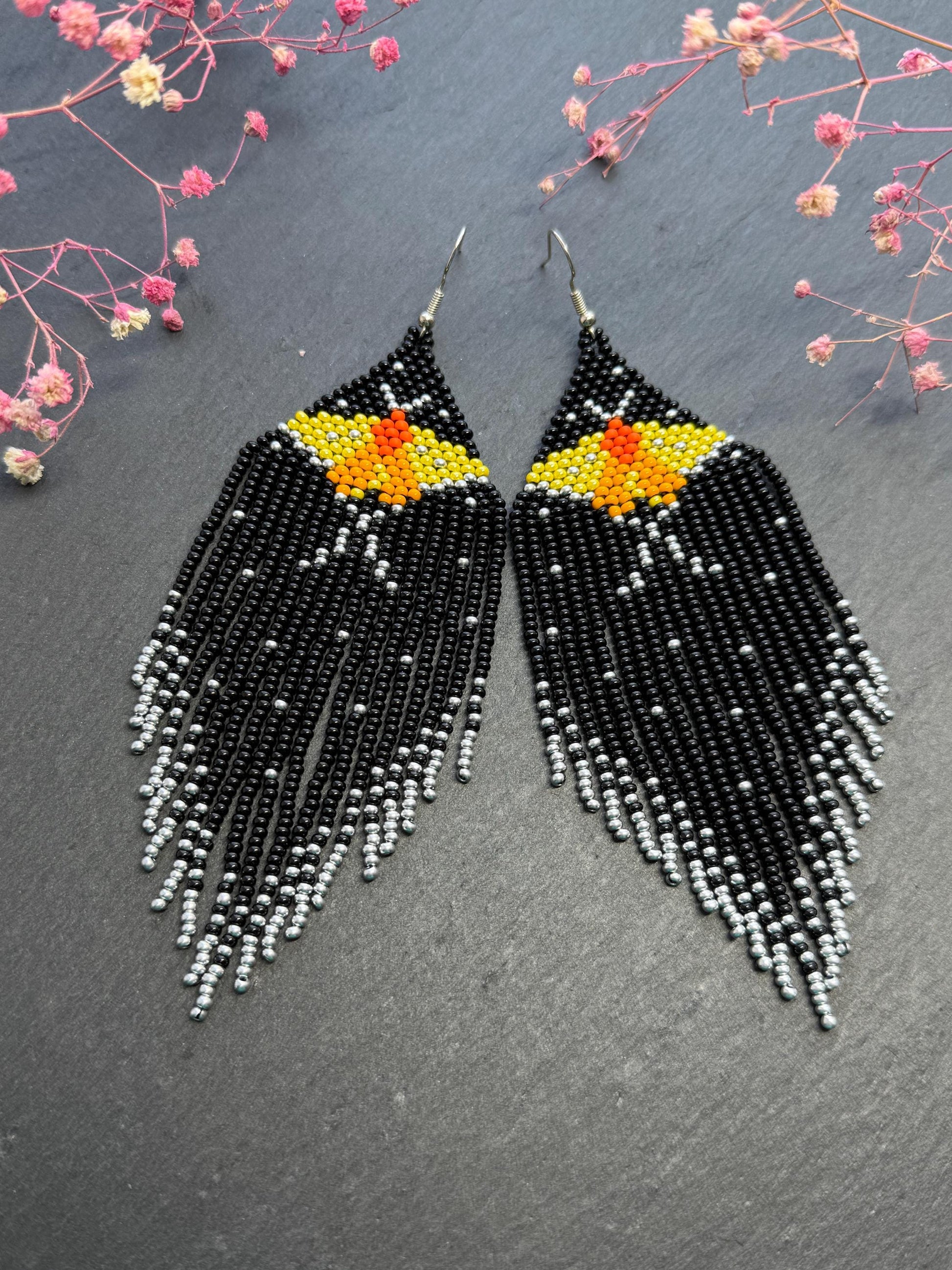 Handmade black and silver beaded butterfly earrings. Bright yellow butterfly, unique modern boho statement dangle earrings, jewelry gift for women image 7