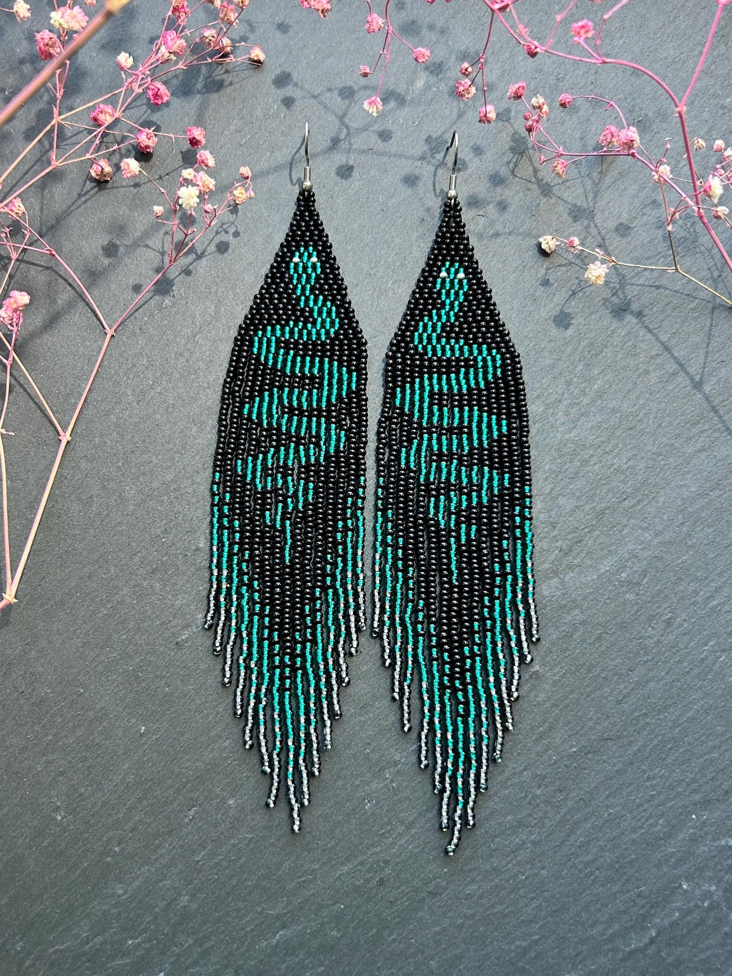 Handmade long beaded earrings with green snake design in boho style. Unique statement jewelry with fringe, perfect gift and standout accessory for any look image 1