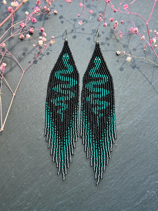Handmade long beaded earrings with green snake design in boho style. Unique statement jewelry with fringe, perfect gift and standout accessory for any look image 1
