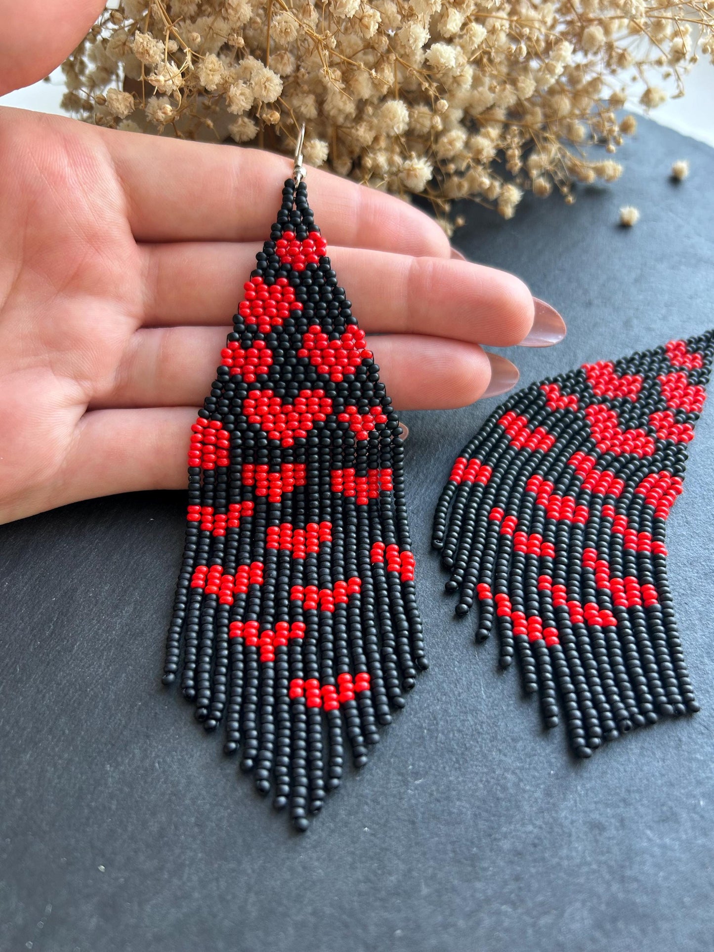 Handmade black beaded earrings with red heart fringe. Unique boho statement jewelry, perfect for Valentine’s Day, romantic gifts, and special occasions  image 6