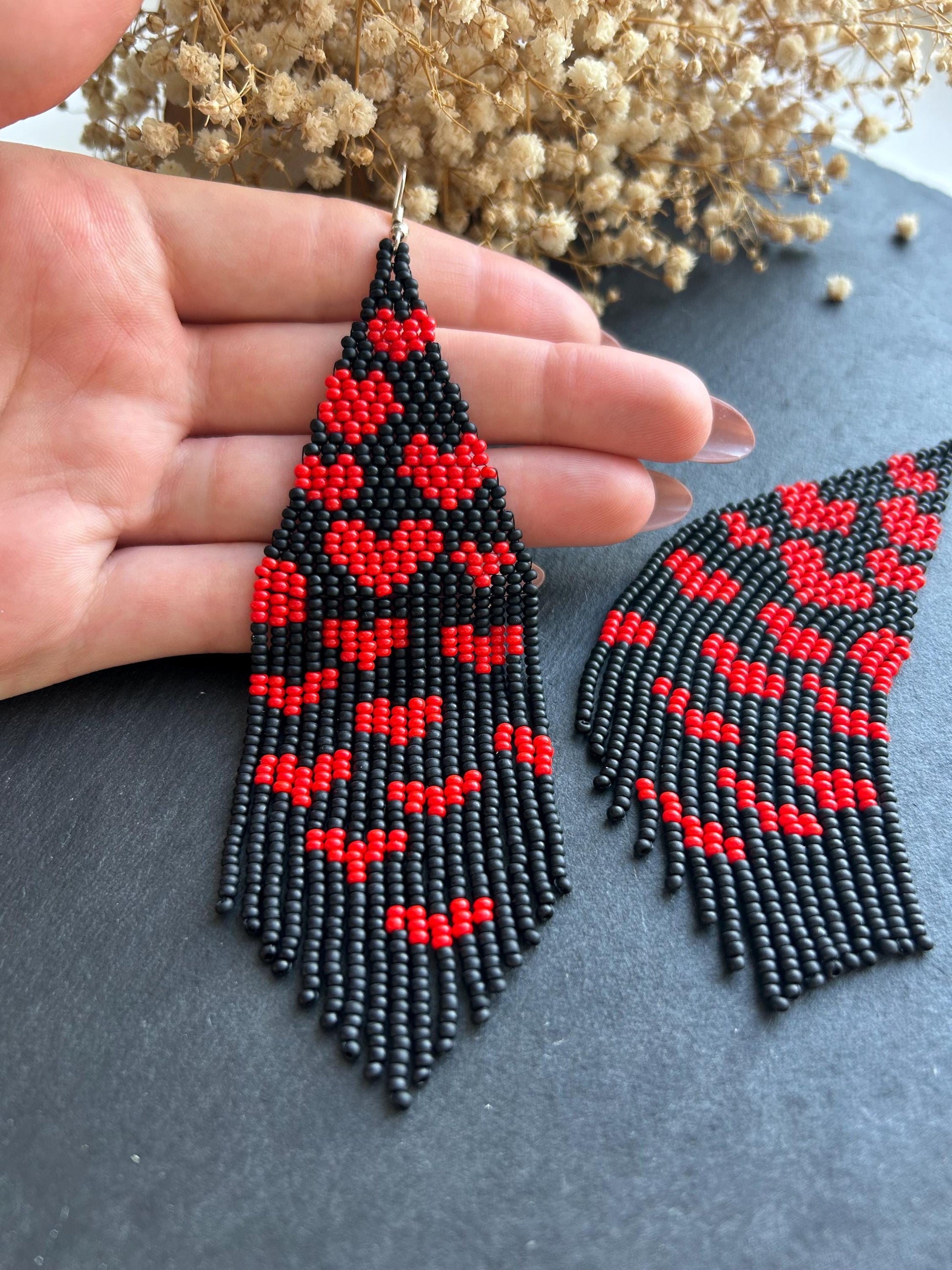 Handmade black beaded earrings with red heart fringe. Unique boho statement jewelry, perfect for Valentine’s Day, romantic gifts, and special occasions  image 6