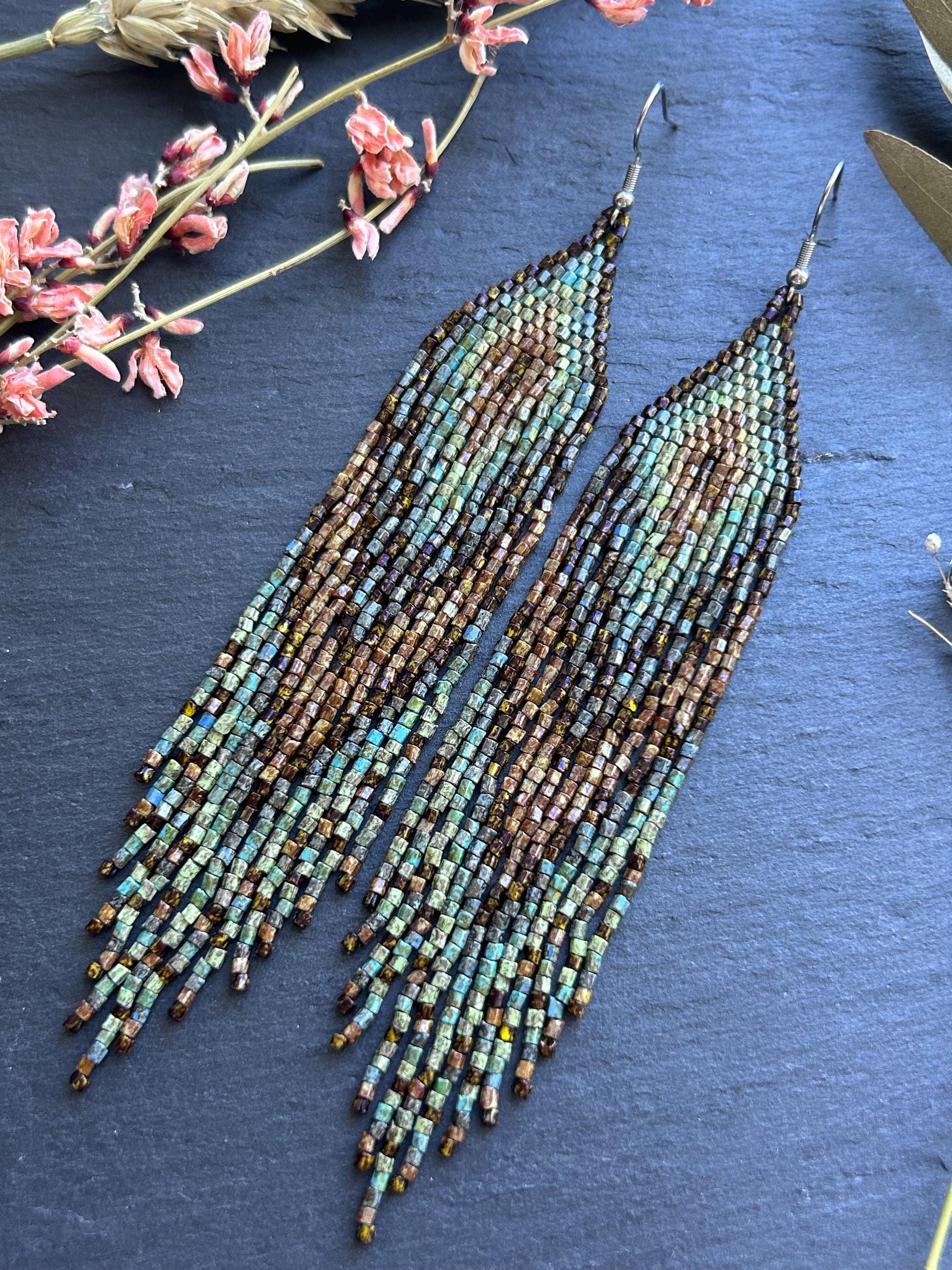 Handmade long beaded earrings in turquoise, green, and brown with fringe. Native American boho statement jewelry, unique artisanal accessory and perfect gift image 11