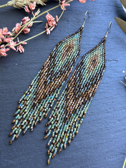 Handmade long beaded earrings in turquoise, green, and brown with fringe. Native American boho statement jewelry, unique artisanal accessory and perfect gift image 11