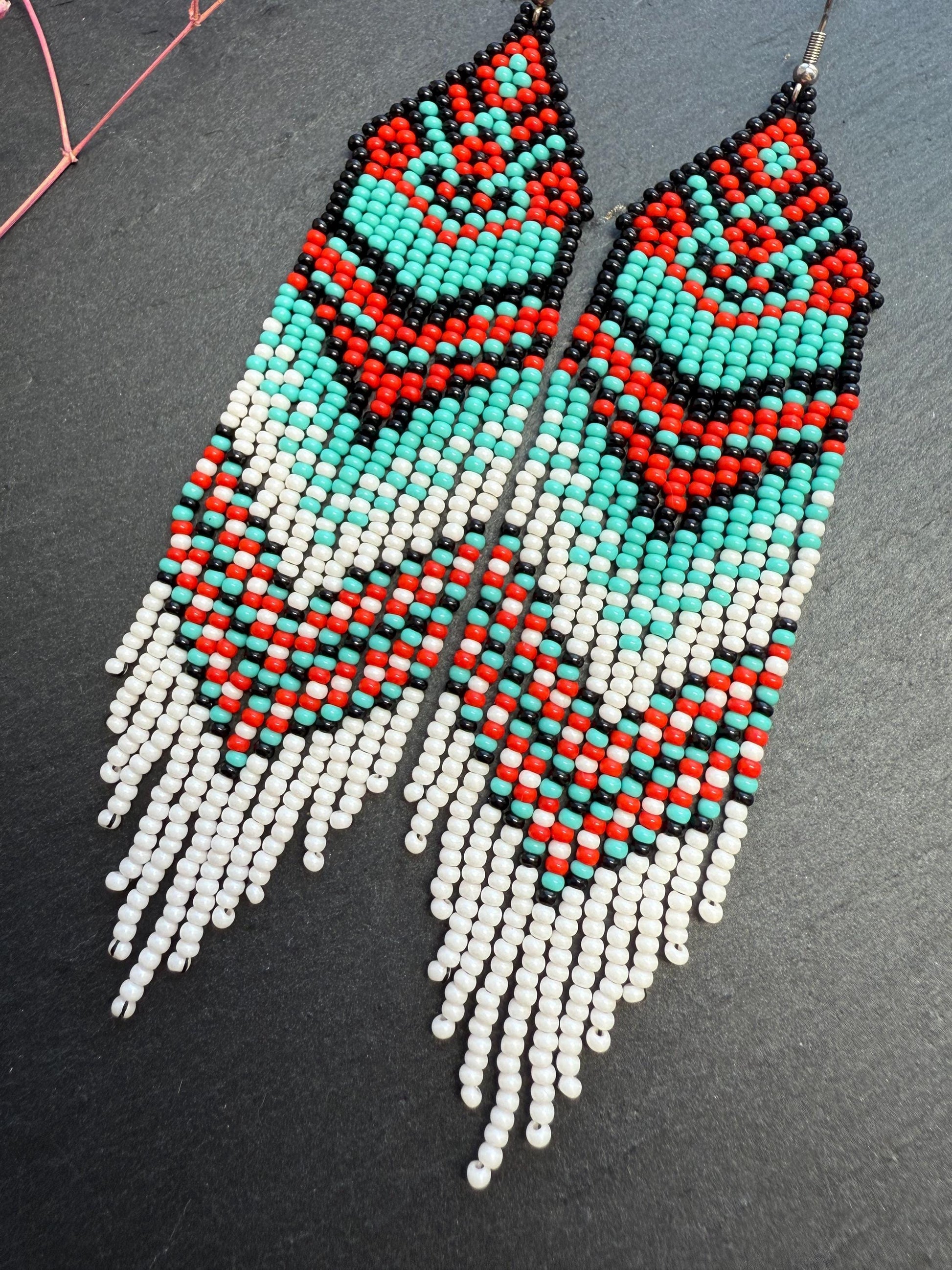 Handmade long beaded fringe earrings in red, black and turquoise with Native American motif. Boho statement dangle earrings for women, unique gift for her image 5
