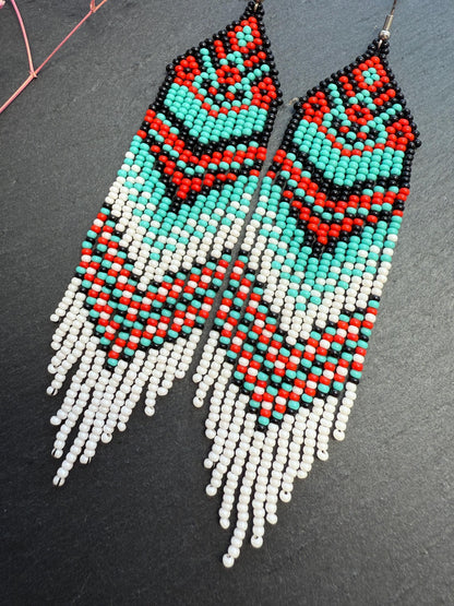 Handmade long beaded fringe earrings in red, black and turquoise with Native American motif. Boho statement dangle earrings for women, unique gift for her image 5
