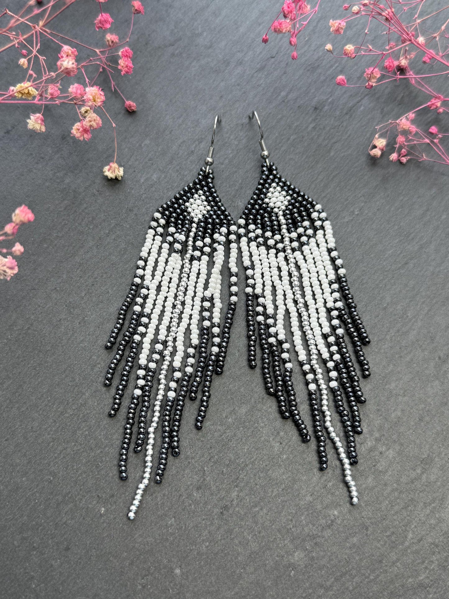 Handmade long black and white beaded fringe earrings in Native American boho style. Statement earrings for women, unique beadwork ethnic design image 7