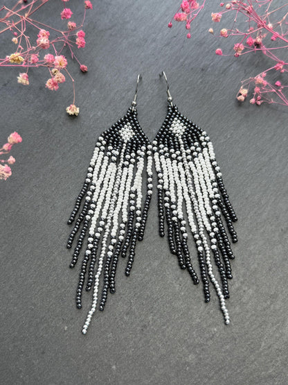 Handmade long black and white beaded fringe earrings in Native American boho style. Statement earrings for women, unique beadwork ethnic design image 7