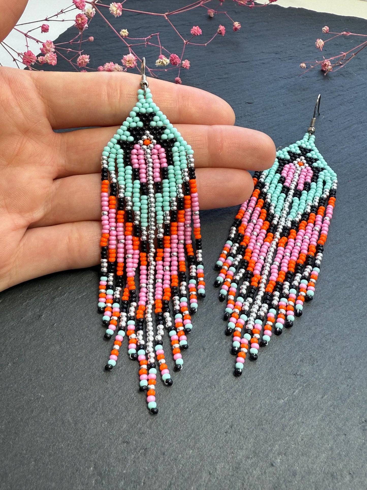 Handmade long beaded boho earrings in turquoise, black, silver, pink, and orange. Geometric design with elegant fringe, lightweight statement jewelry for any occasion  image 5
