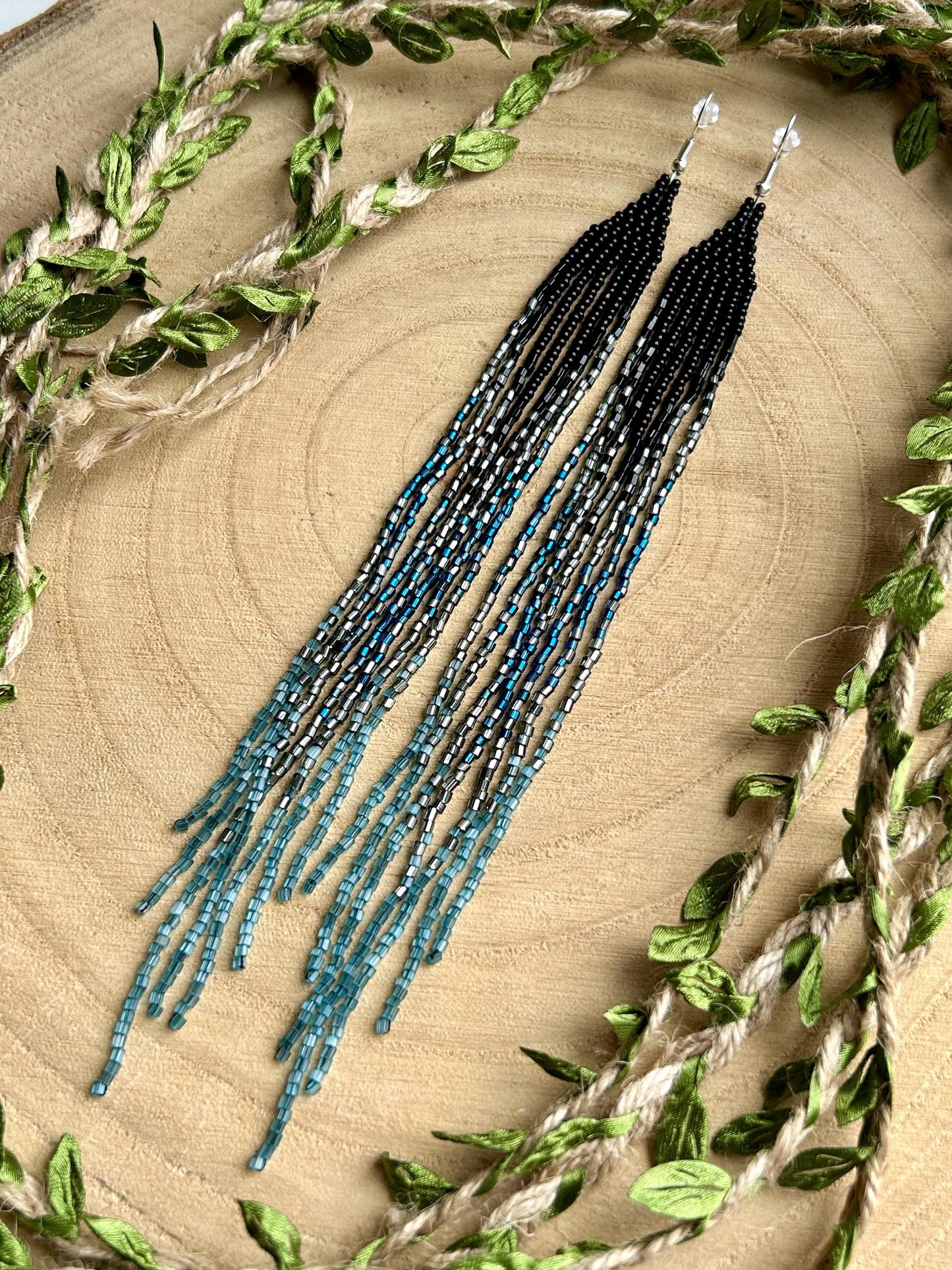 Long handmade black beaded earrings with blue gray ombre and flowing fringe. Boho statement jewelry, unique accessory for elegant style image 8