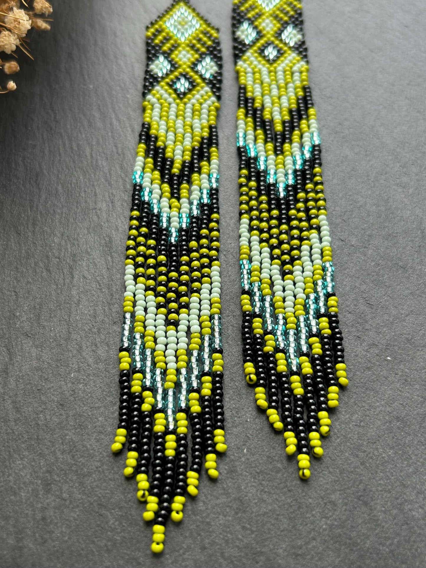 Long black, green, and mint green beaded earrings with Native American ethnic design and fringe. Handmade boho earrings for women, unique earrings for women image 5