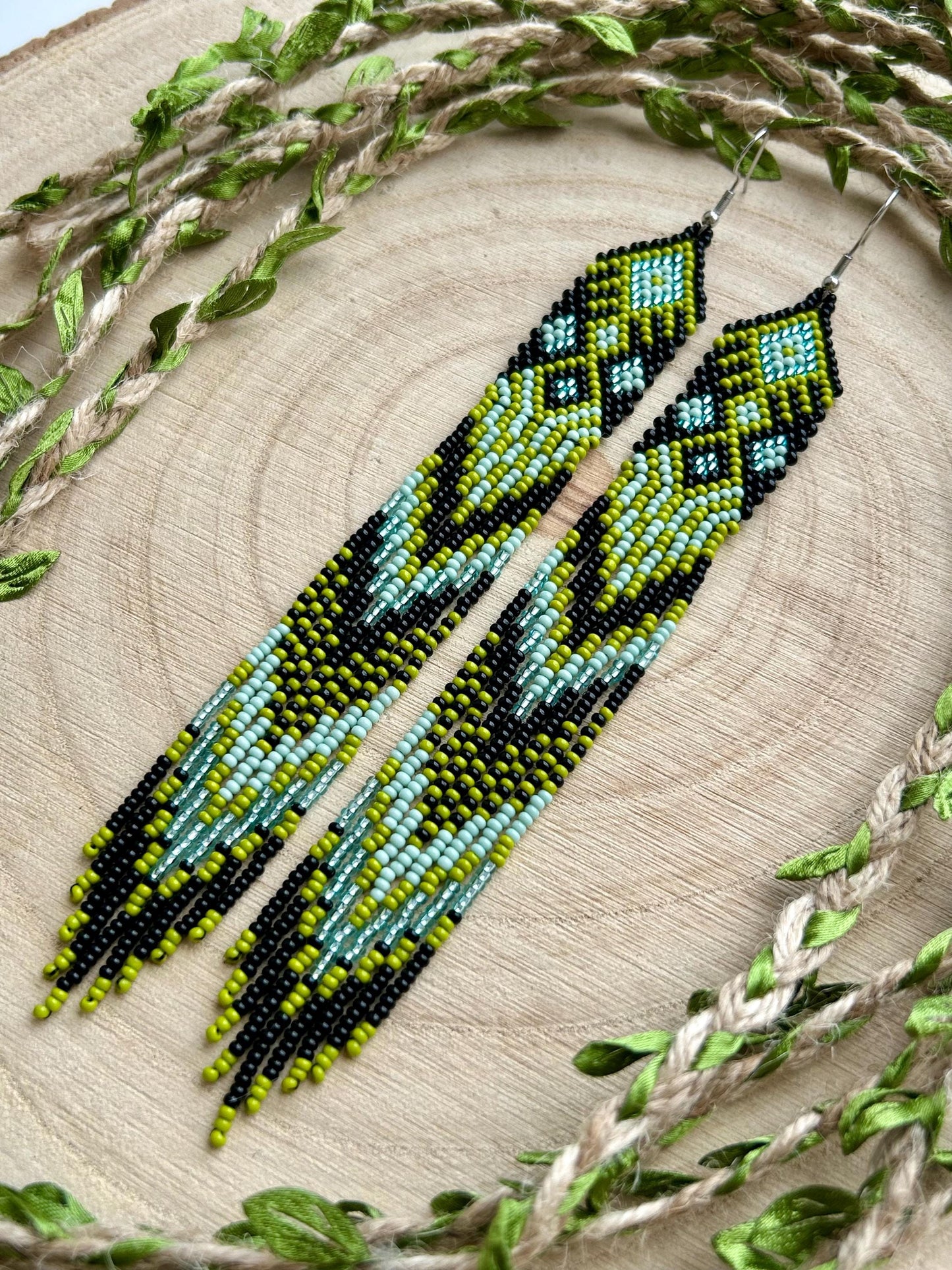 Long black, green, and mint green beaded earrings with Native American ethnic design and fringe. Handmade boho earrings for women, unique earrings for women image 10