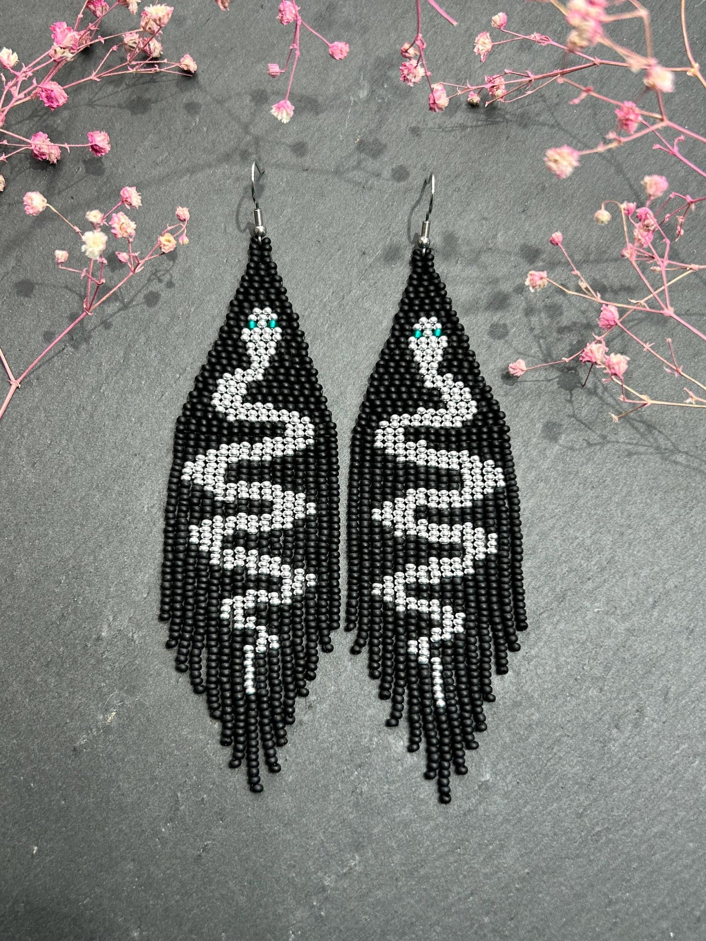 Handmade long black beaded earrings with silver snake design and boho fringe. Unique statement jewelry, elegant contrast, perfect gift for lovers of artisan style image 1