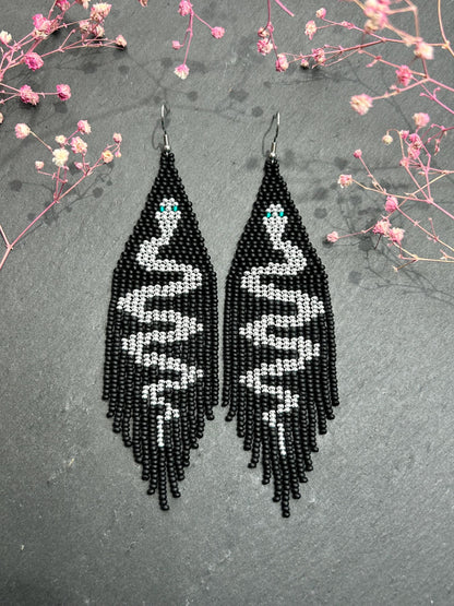 Handmade long black beaded earrings with silver snake design and boho fringe. Unique statement jewelry, elegant contrast, perfect gift for lovers of artisan style image 1
