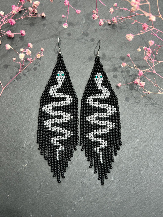 Handmade long black beaded earrings with silver snake design and boho fringe. Unique statement jewelry, elegant contrast, perfect gift for lovers of artisan style image 1
