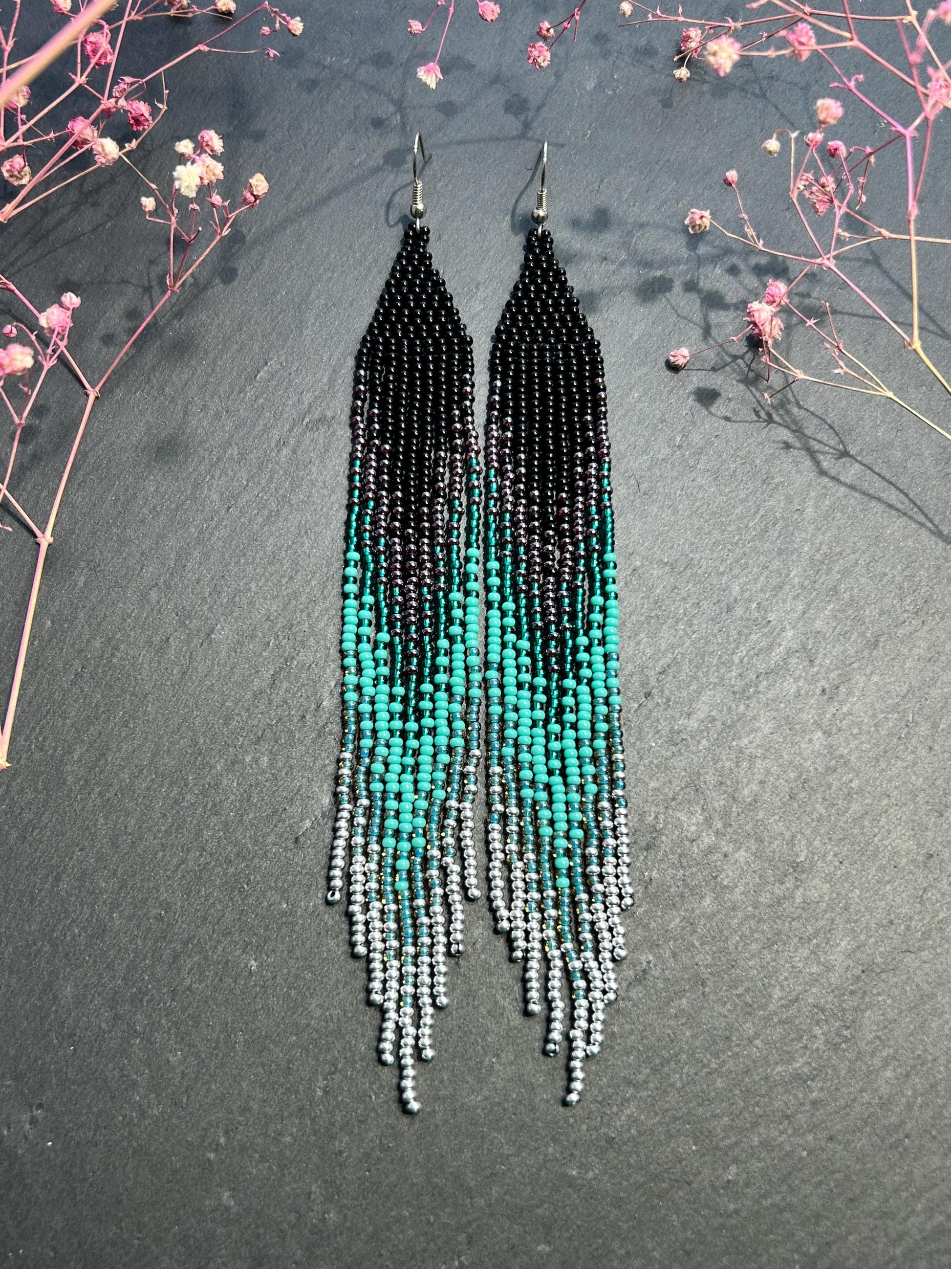 Handmade long black and green beaded fringe earrings with ombre design. Boho statement jewelry, lightweight and stylish image 1
