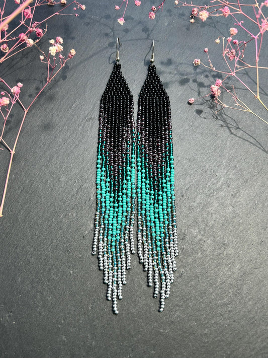 Handmade long black and green beaded fringe earrings with ombre design. Boho statement jewelry, lightweight and stylish image 1