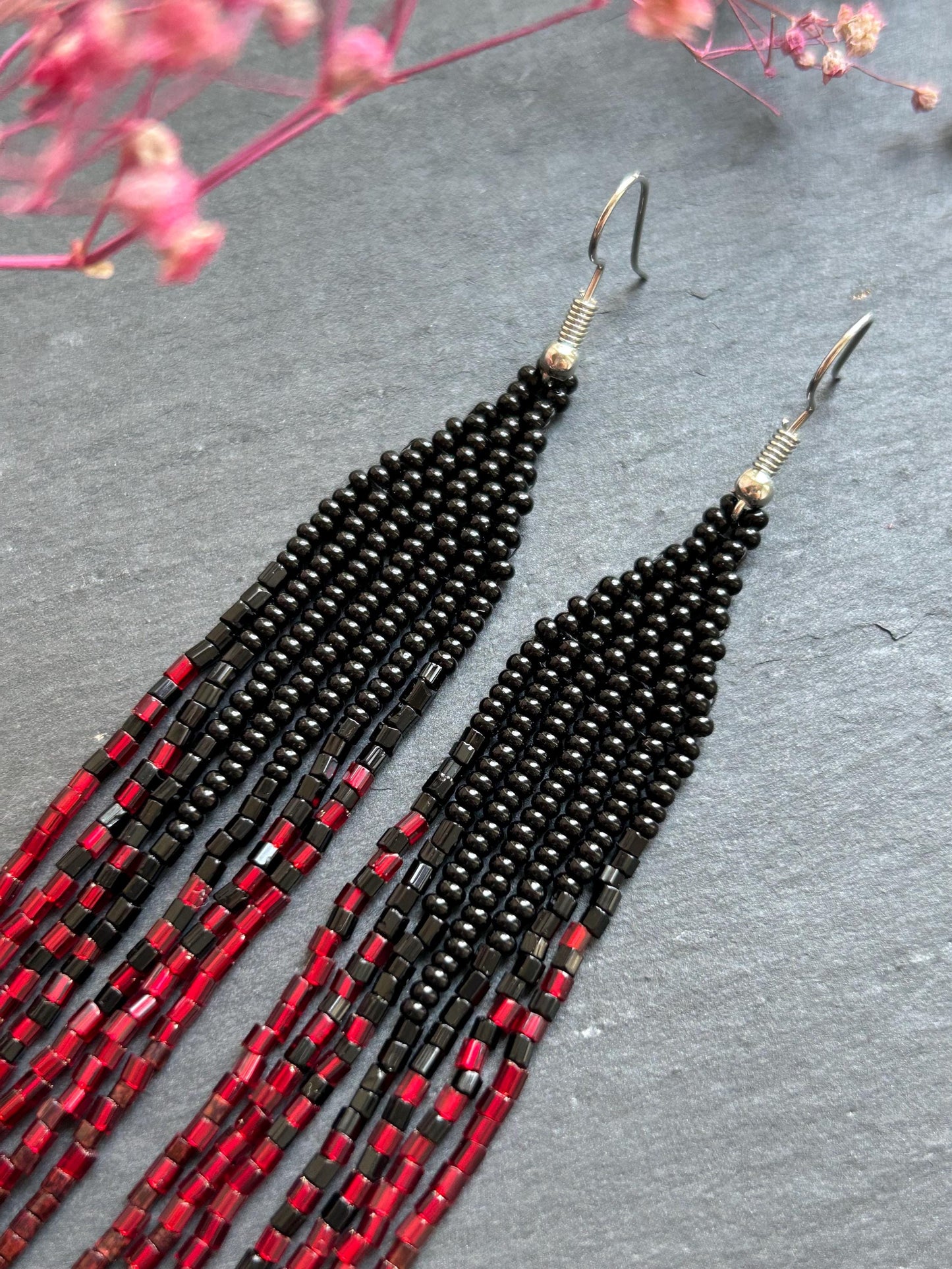Long handmade black and red ombre beaded earrings with flowing fringe. Boho statement jewelry, unique artisanal accessory for bold everyday or evening style image 5