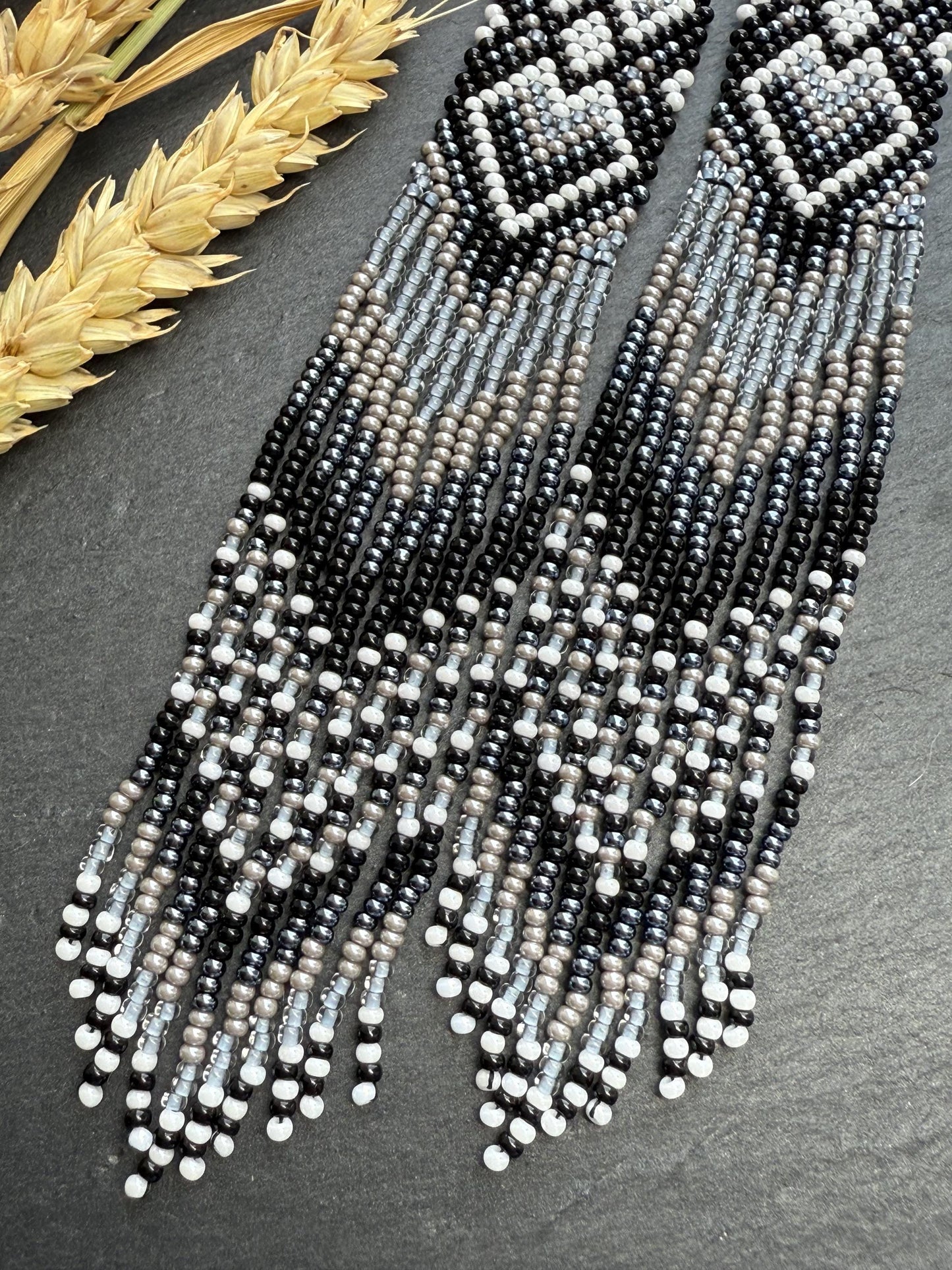 Long black and gray beaded fringe earrings in Native American style. Handmade statement earrings for women, unique ethnic design and perfect gift image 4