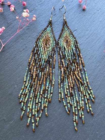 Handmade long beaded earrings in turquoise, green, and brown with fringe. Native American boho statement jewelry, unique artisanal accessory and perfect gift image 8