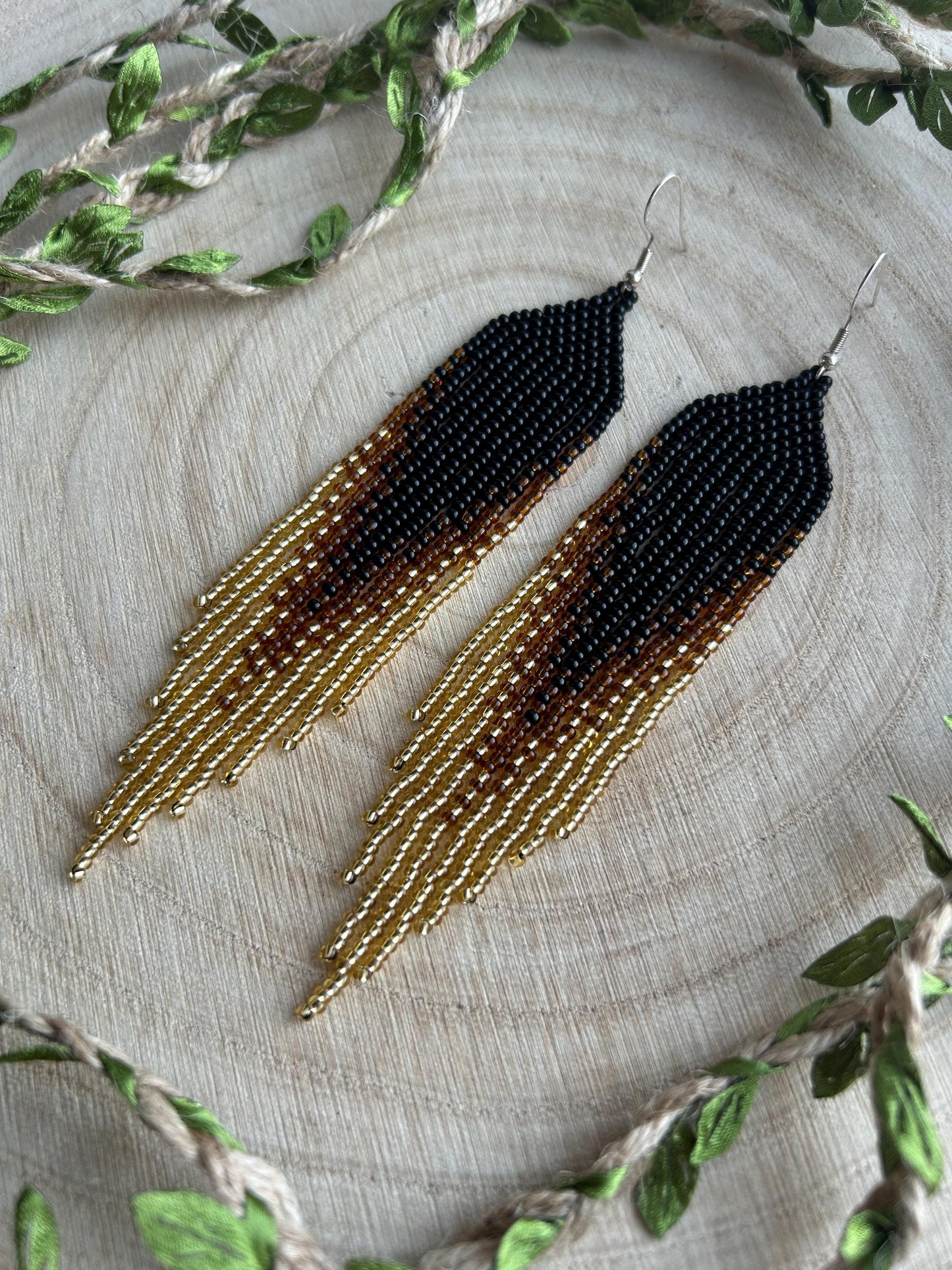 Handmade black beaded earrings with gold ombre and boho fringe. Unique statement jewelry with elegant shimmer, perfect gift for lovers of artisan style image 8