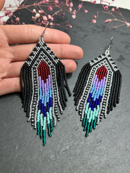 Handmade long black beaded earrings with silver, red, purple and green accents in Native American style. Bright statement boho fringe earrings, perfect gift for women image 5