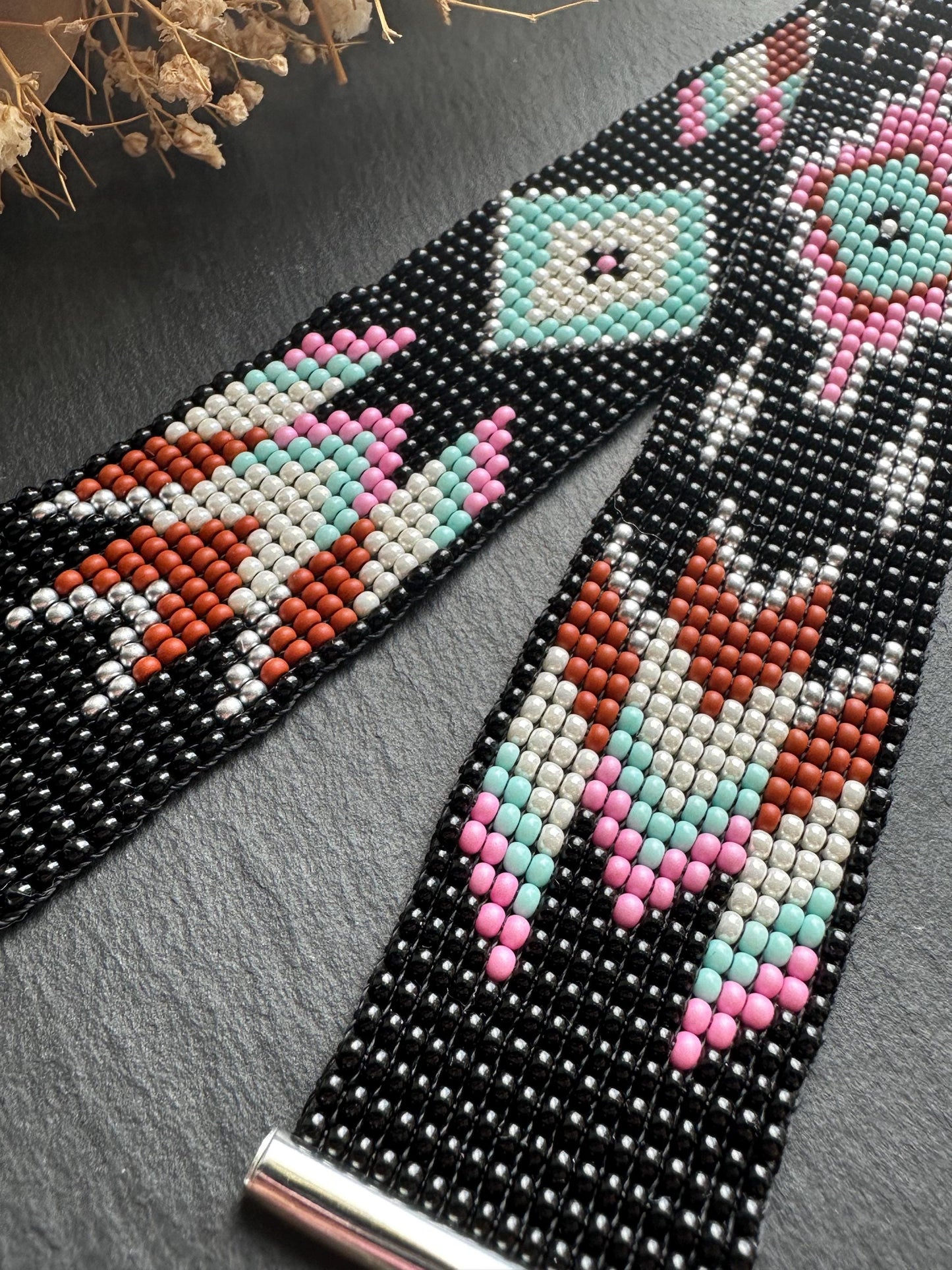 Unique handmade black beaded choker with geometric ornament in turquoise, pink, beige, and silver tones. Native American style boho statement choker necklace with adjustable chain image 5