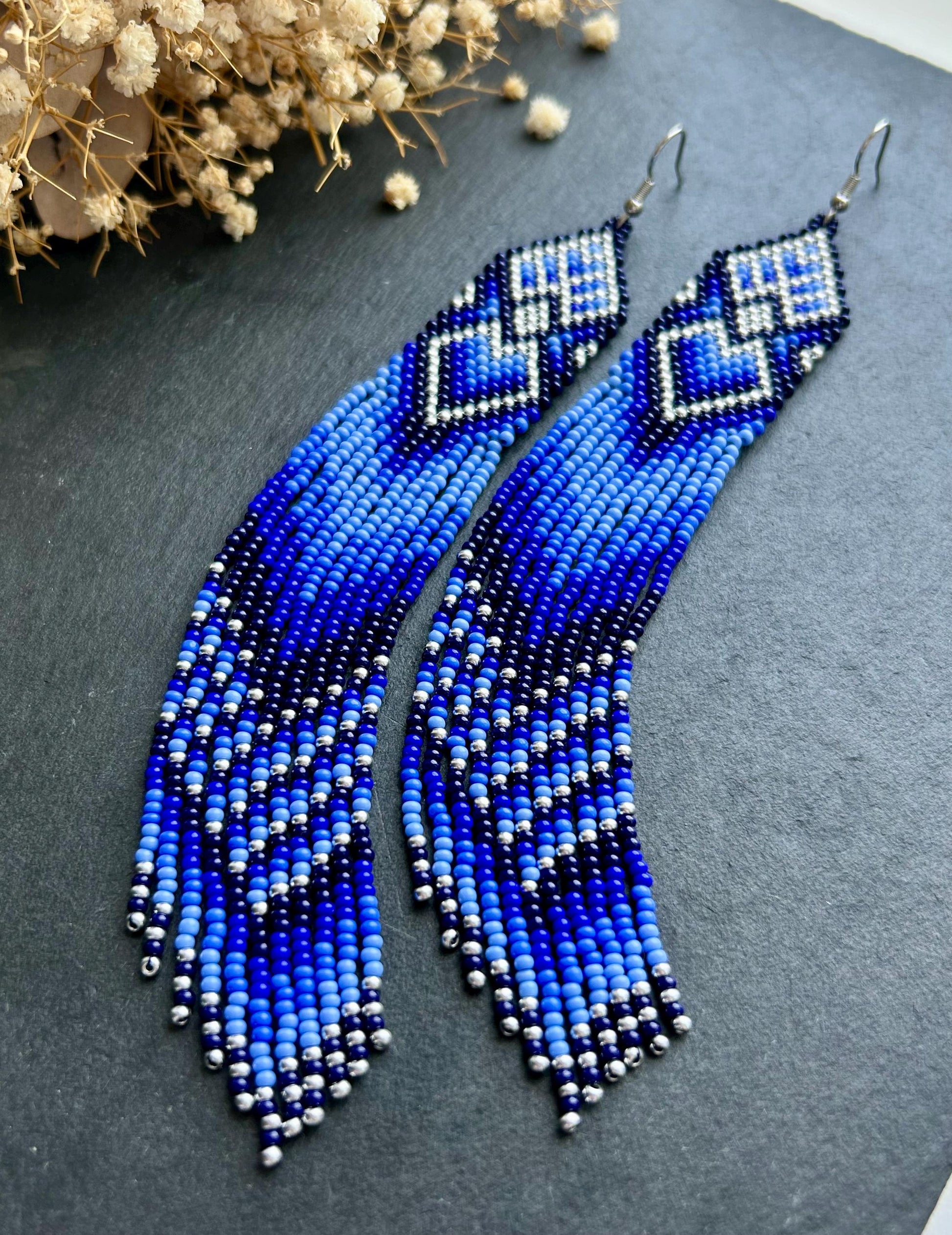Handmade long blue beaded boho earrings with fringe and silver accents. Native style statement jewelry, unique artisanal accessory for bold style image 6