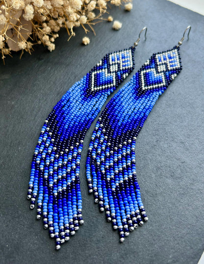 Handmade long blue beaded boho earrings with fringe and silver accents. Native style statement jewelry, unique artisanal accessory for bold style image 6